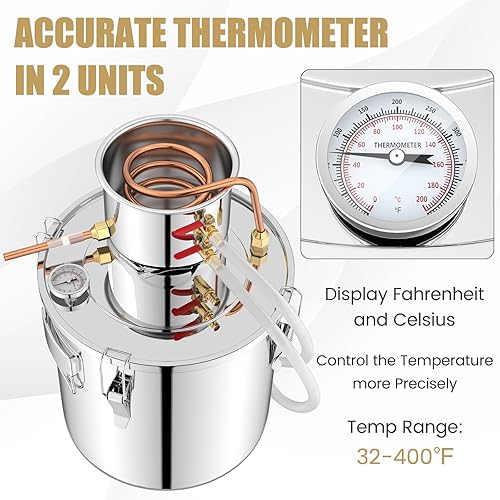 Miniatura 4 de COSTWAY Alcohol Still, kit de preparación casera de 5 galones con 2 ollas de acero inoxidable, tubos de cobre, termómetro integrado, destilador de