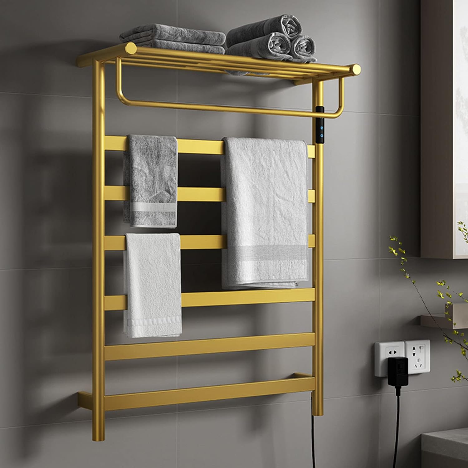 Wall Mounted Towel Warmer,140W Constant Temperature Bathroom Stainless Steel Electric Heated Towel Rack with Timer Brushed Gold,775 * 575MM