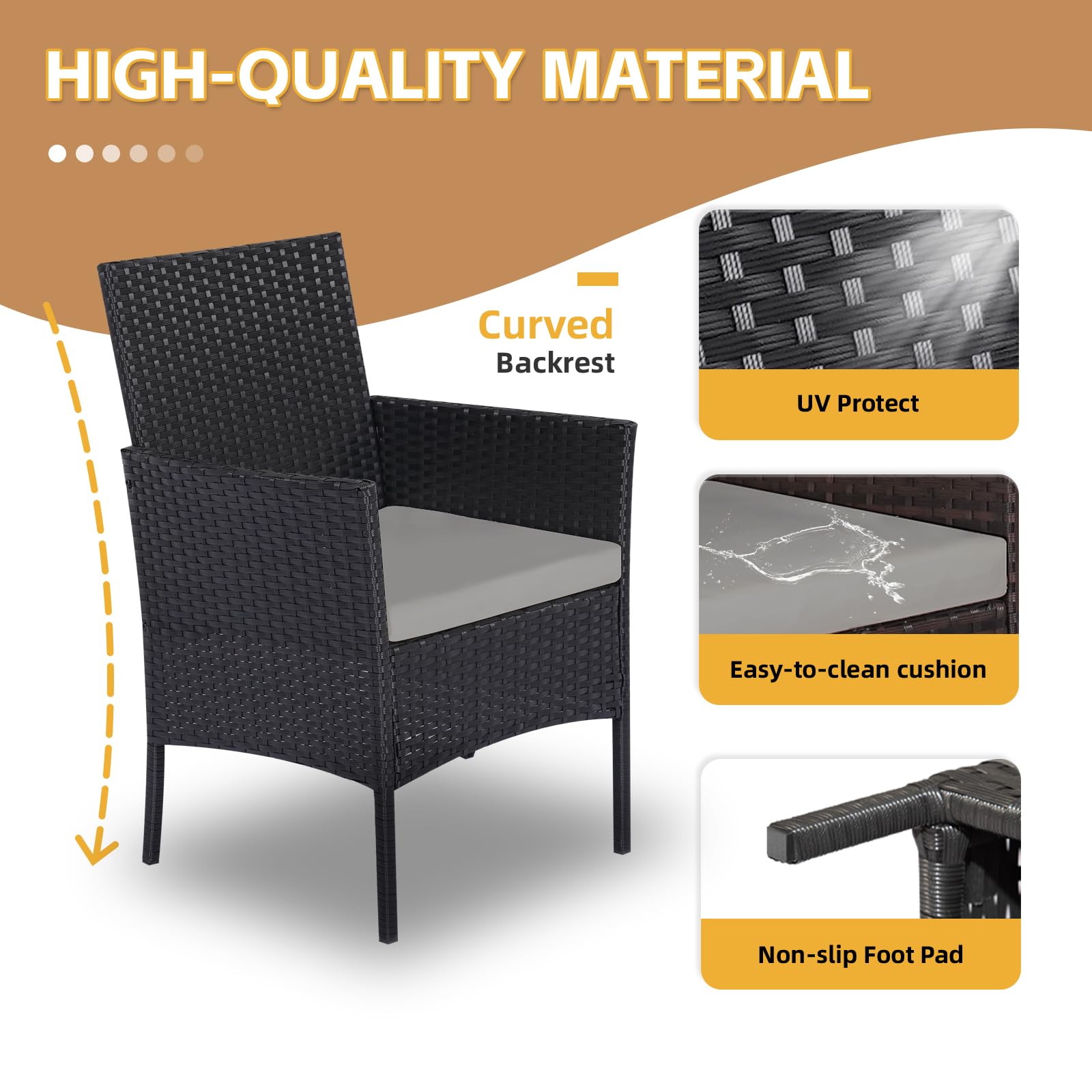 PAIQIAN Patio Furniture Set 3 Pieces All-Weather Rattan Outdoor Furniture Patio Chairs with Tempered Glass Table for Porch Bistro Balcony Bistro Set(Black/Grey-2)