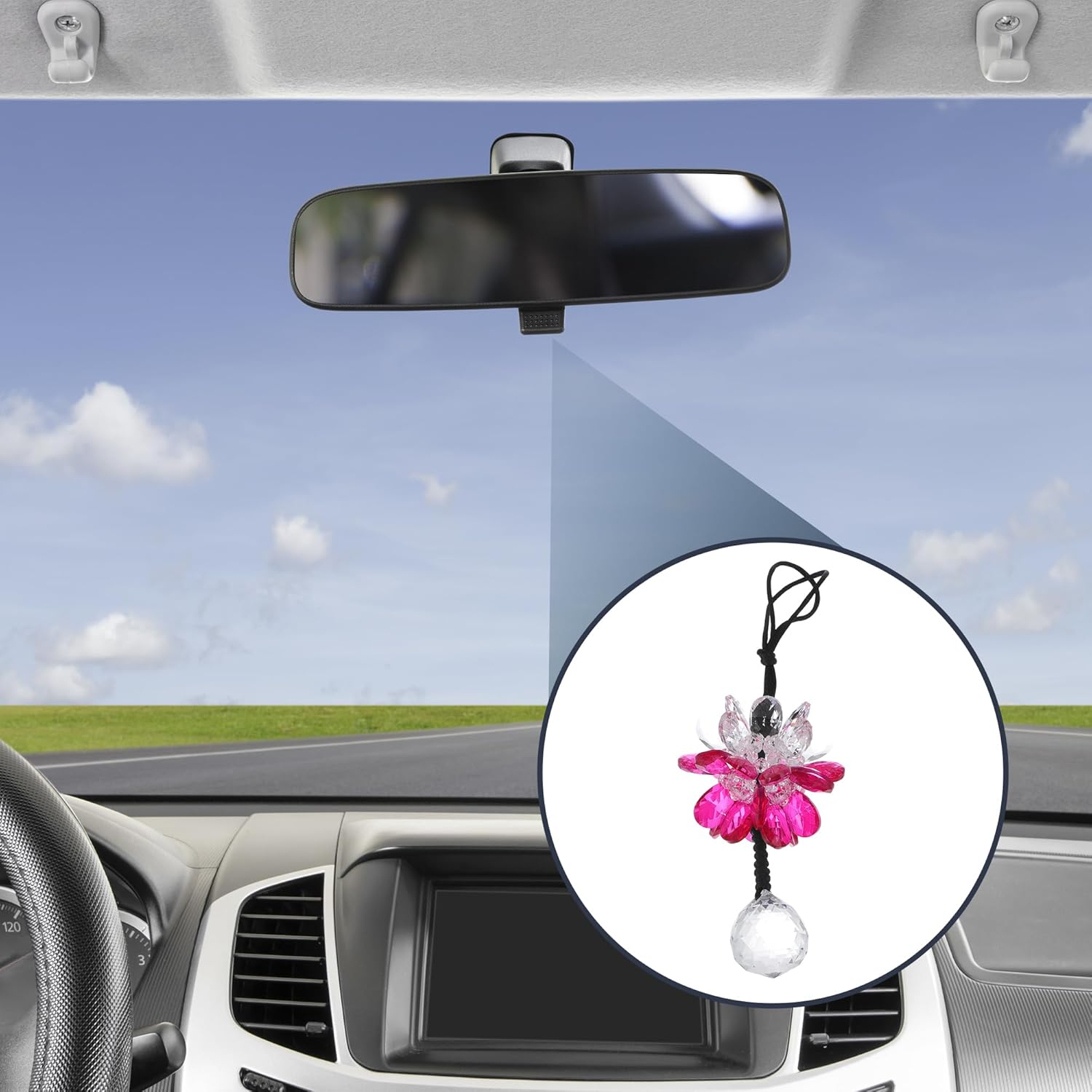 1 Pcs Artificial Crystal Flower,Ball Car Rear View Mirror Pendant Accessories Car Hanging Ornament Red - Image 3