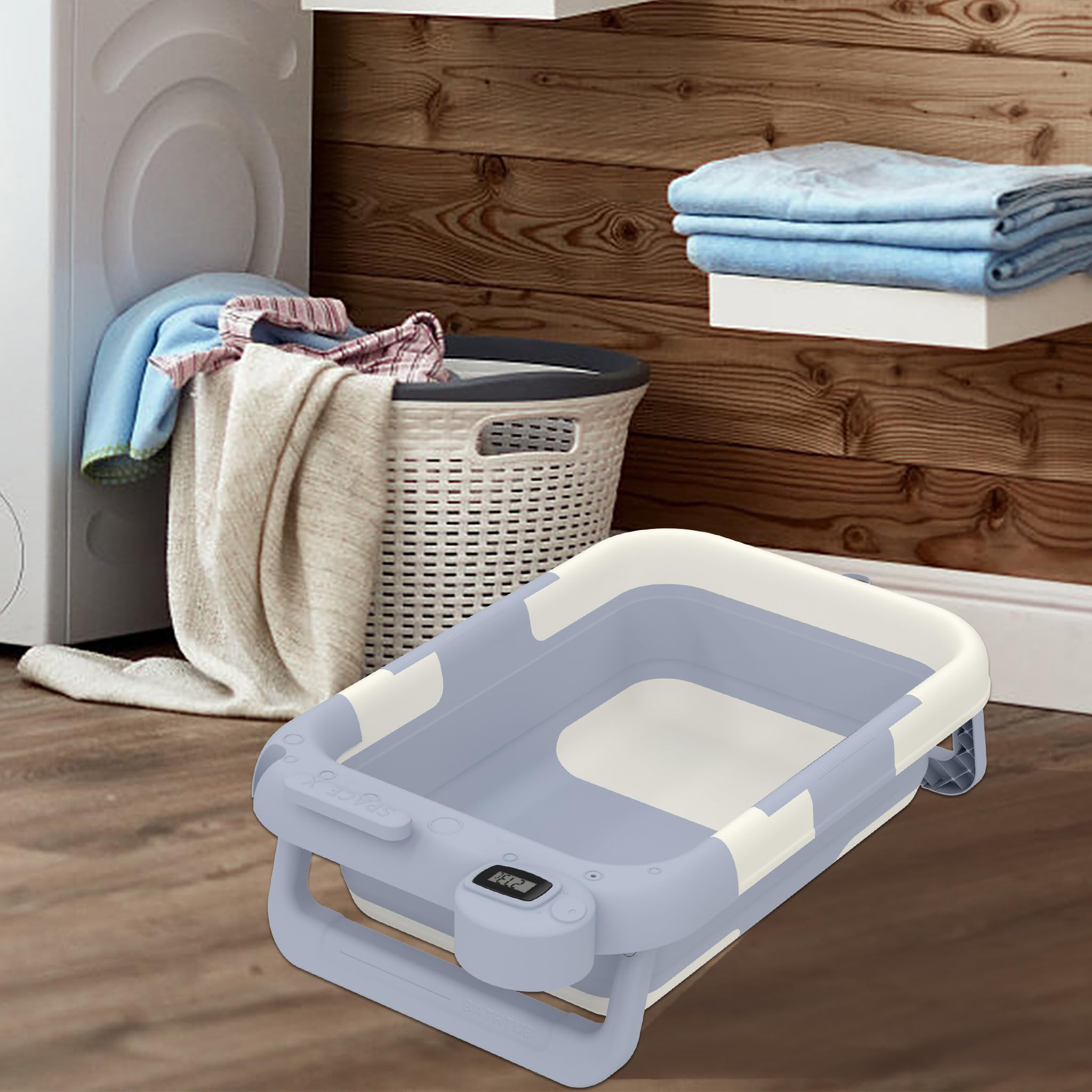 FIVMEN Vasca da bagno pieghevole con struttura, termometro e cuscino da bagno, antiscivolo, portatile, per neonati, colore: blu chiaro