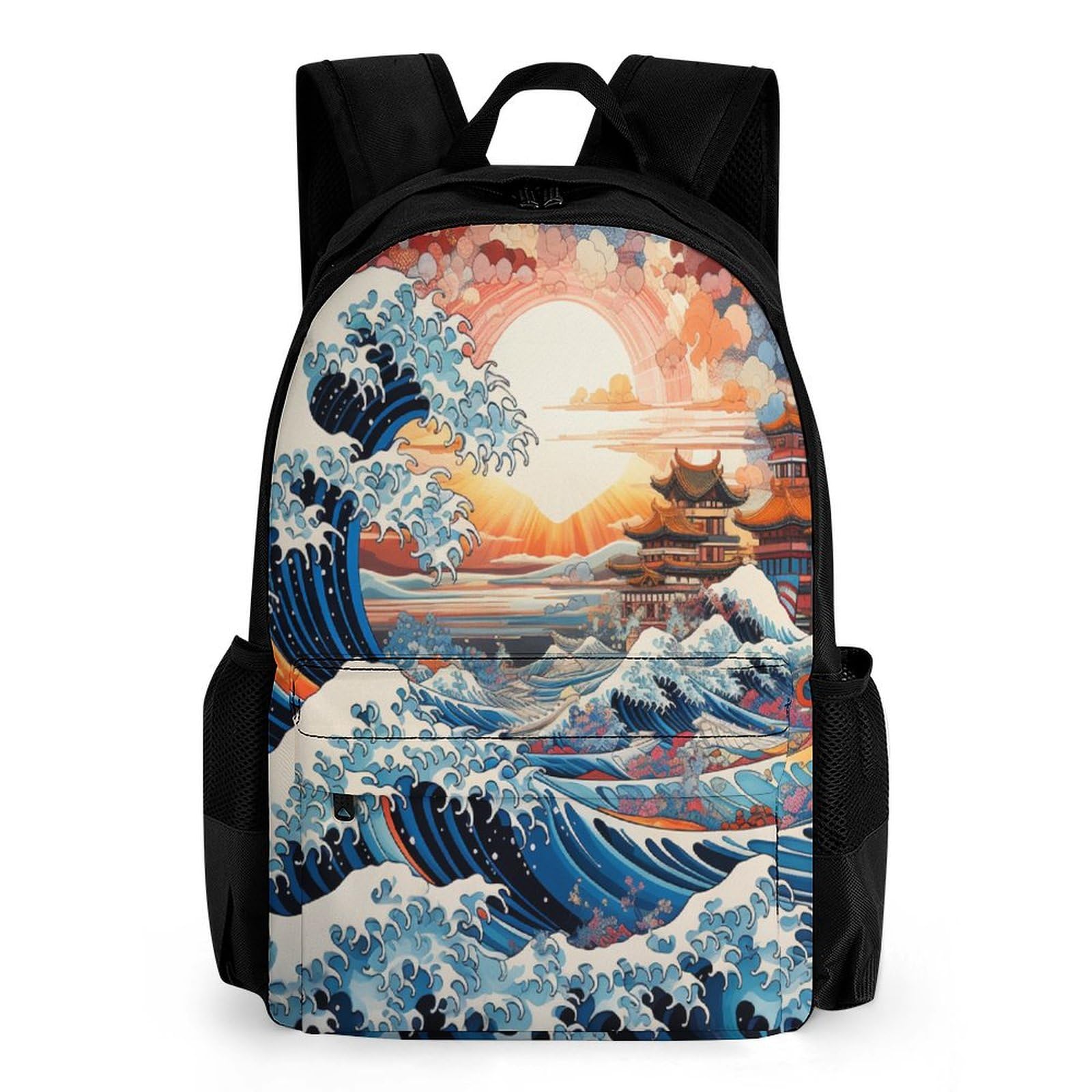 Tnfhsoft Unisex Japanese Style Waves-3 Japanese Style Waves School-Bags Backpacks For Teens,Elementary Boys And Girls Bookbags, Lightweight Casual Daypack 42X30.5cm