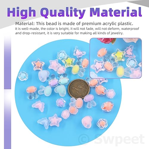 Miniatura 3 de Swpeet Juego de 147 cuentas acrílicas transparentes y glaseadas de colores macarrones, 12 estilos y agujas de cuentas con cordón elástico, juego