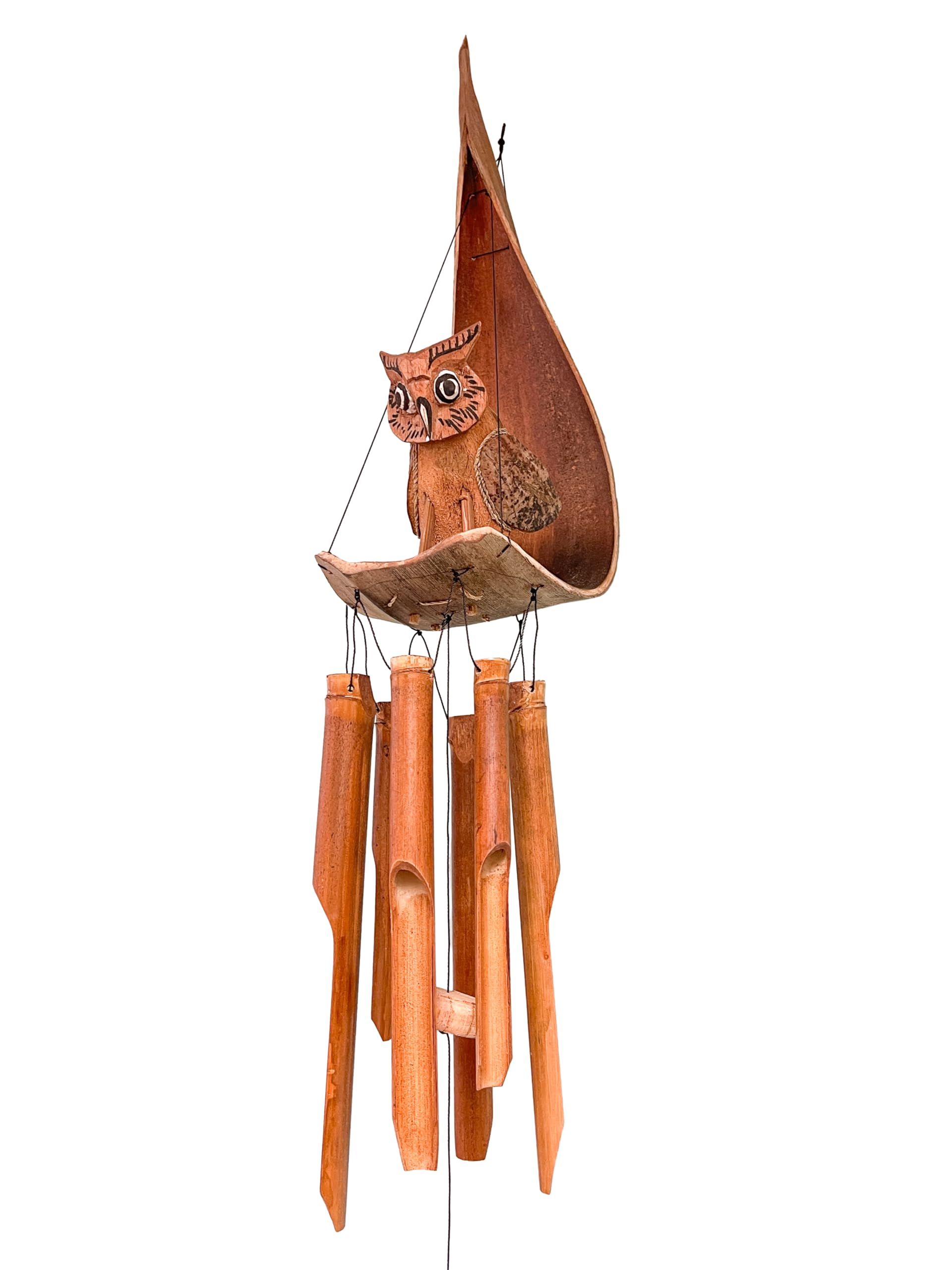 Owl Bamboo Wind Chime - Palm Leaf Garden Handmade Hanging Accessory Fairtrade Natural Wooden Carved Wood Yard