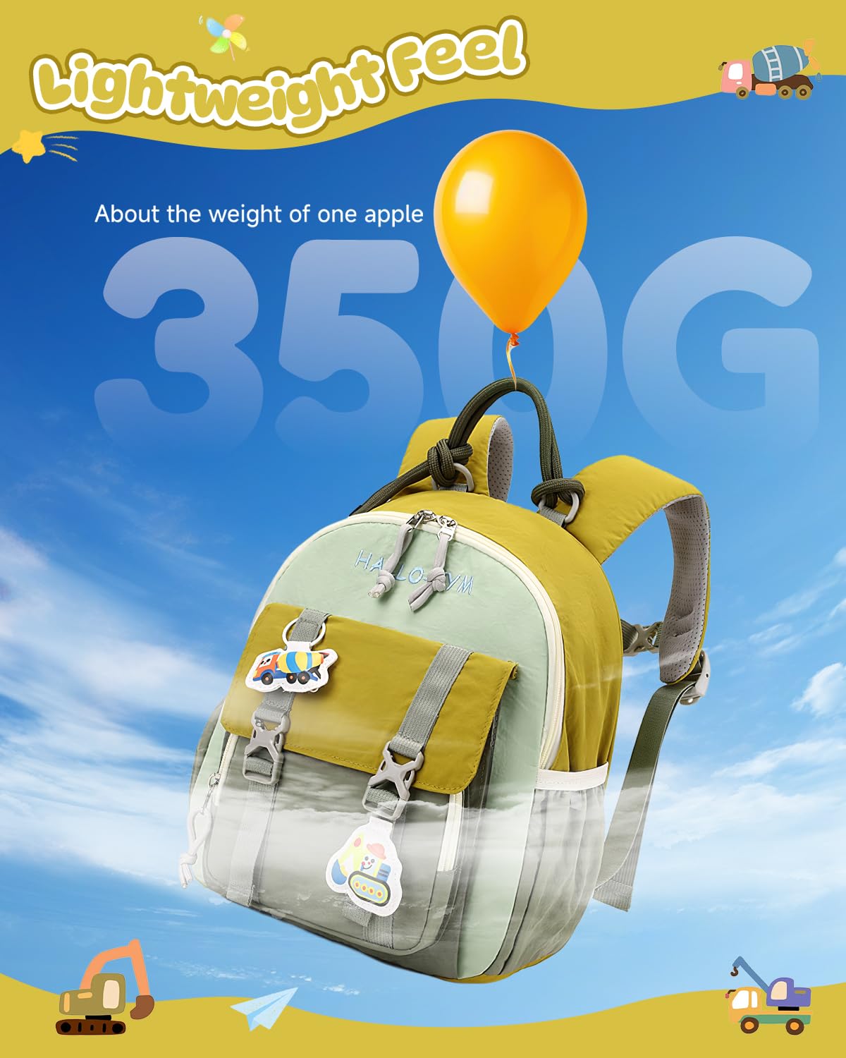PROTAURI Mochila Infantil con Correa Pectoral Reflectante, Mochila Guardería Niño Ligera e Impermeable, Mochila Bebé Guardería con Motivo 3D Excavadora para 2-5 Años, 9.6L, Verde
