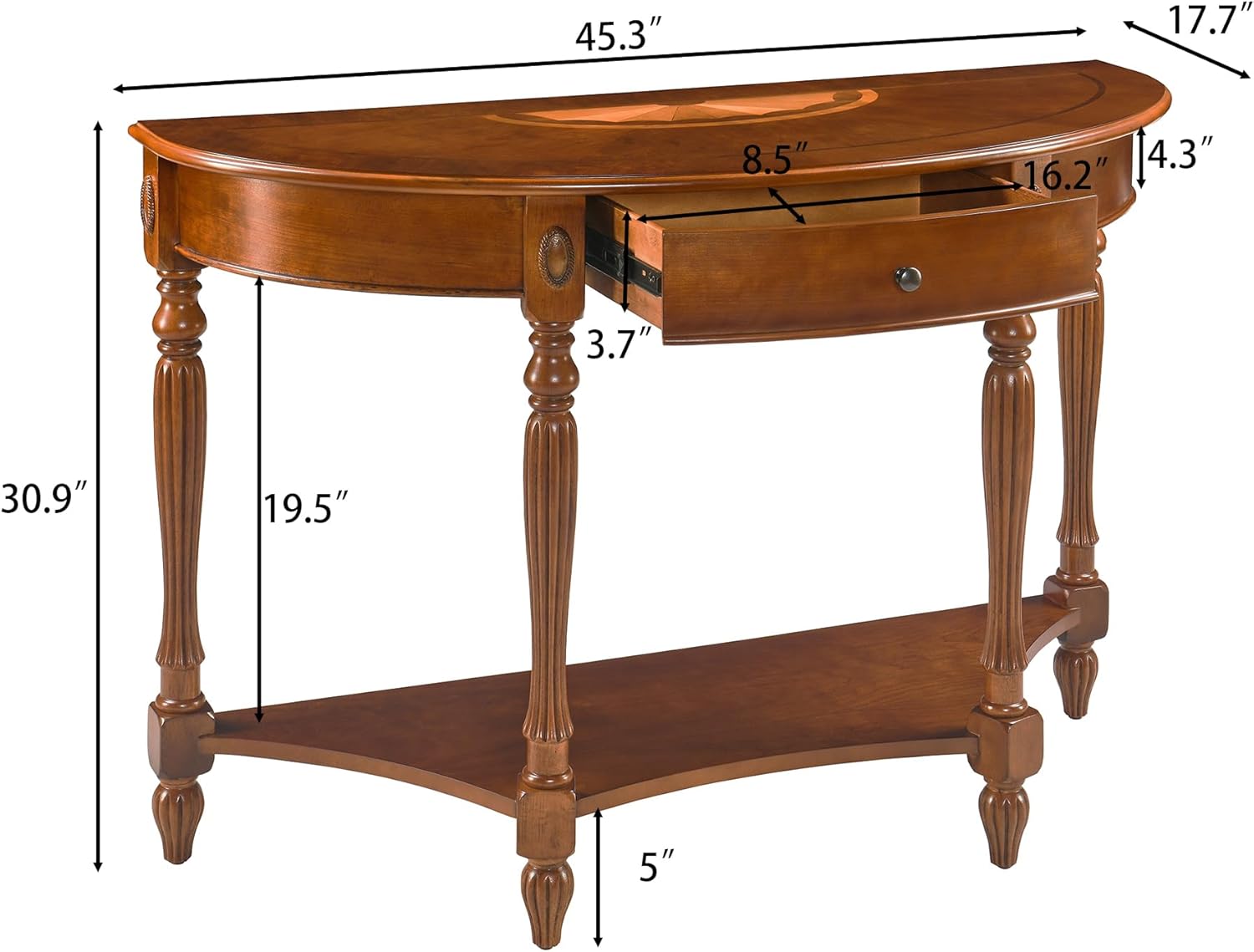 Entry Console Table With Drawer, Semi-Circle Wood Sofa Table with Storage Shelf, Solid Wood Half-moon Accent Table for Hallway, Living Room, 45.3"L x 17.7"D x 30"H Beeswax No-Tools Install SFZ1533MG