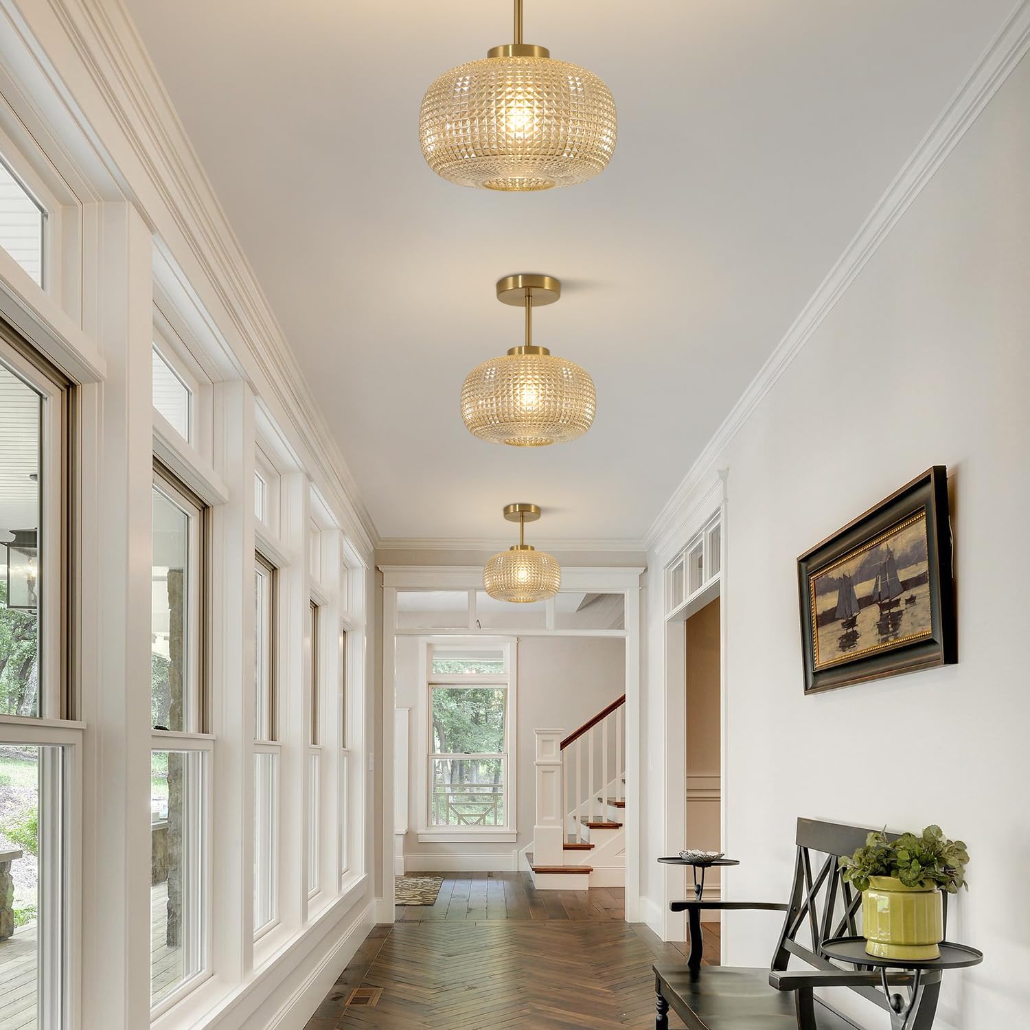 BOKT Round Hallway Semi Flush Mount Ceiling Light Close to Ceiling Light Fixtures Brass Bright Modern Ceiling Lighting Amber Glass Pendant Light - 9.8" for Kitchen Entryway Living Room