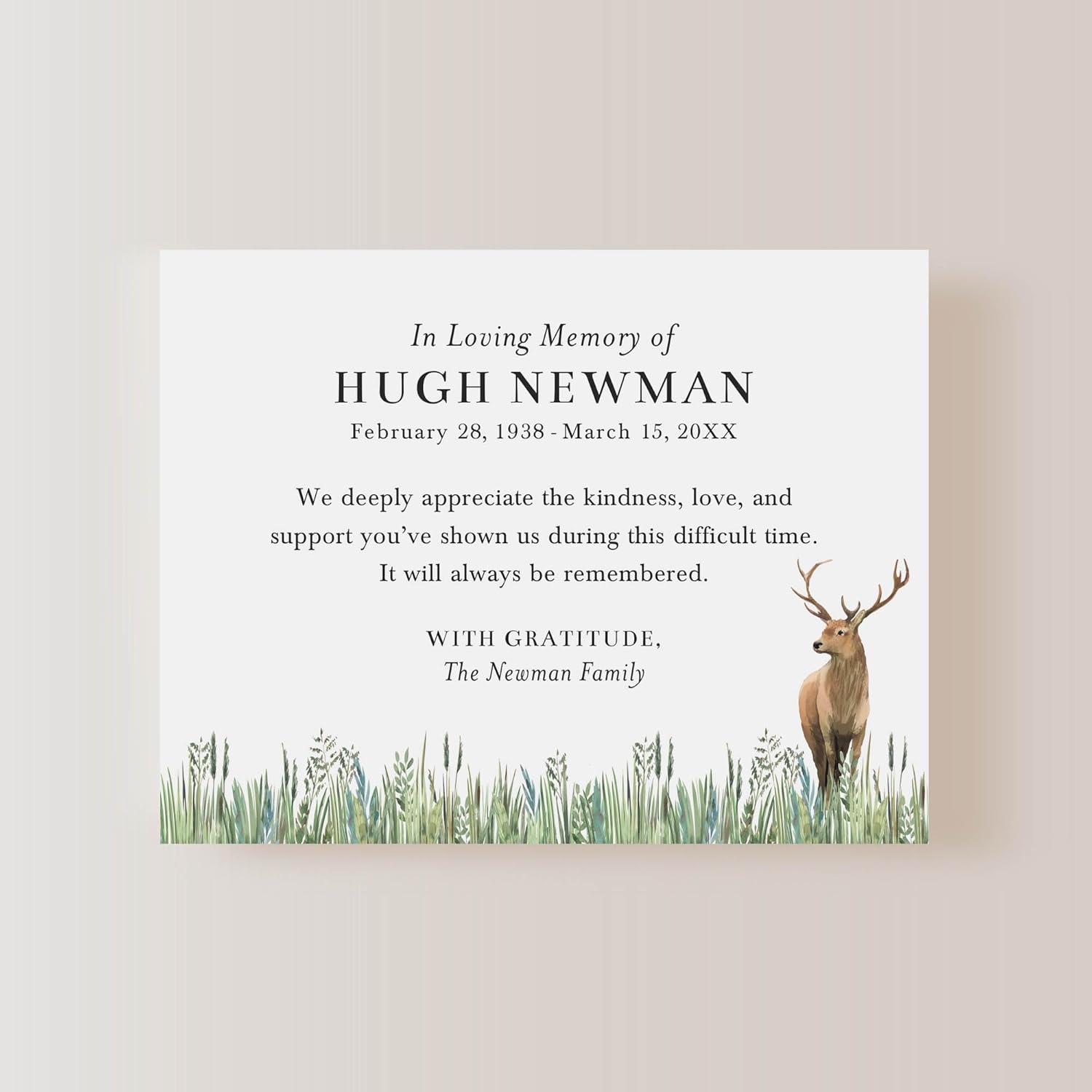 Deer Sympathy Thank You Cards, Field Memorial Funeral Thank You Cards, 5.5x4.25 Personalized Flat Note Cards with Envelopes
