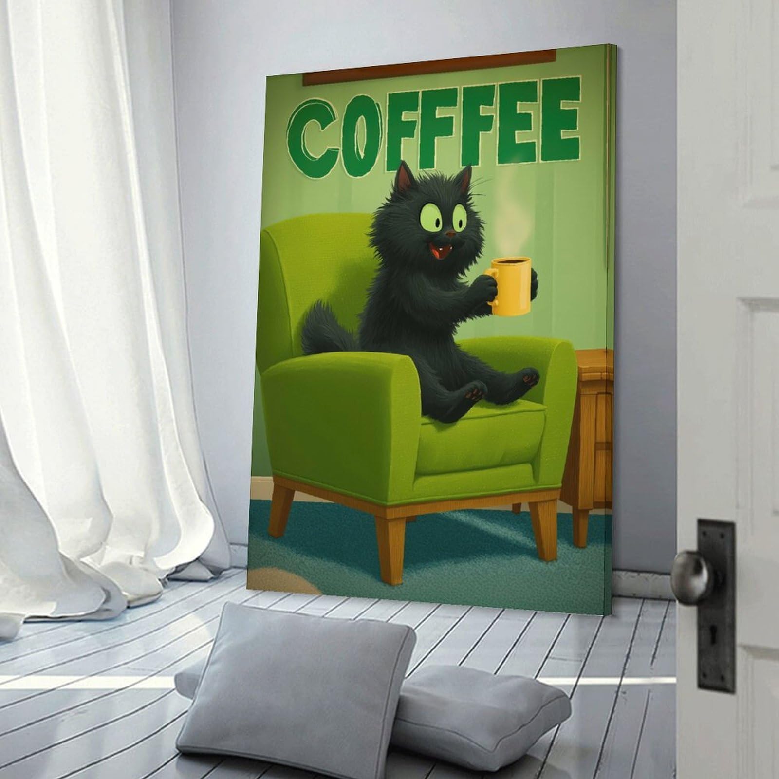 Junmoney Cartoon Cat Enjoying Coffee in Chair Decorative Canvas Print, 24x36inch(60x90cm), for Home, Office, Studio Or Guest Room, Canvas Wall Art That Fits Changing Layouts