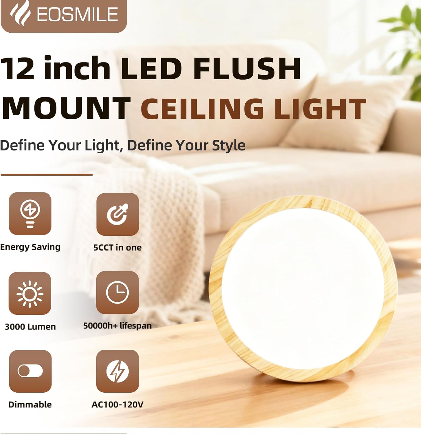 2 Pack 12 Inch Wood Grain LED Flush Mount Ceiling Light, 25W, 3000LM, CRI 95+, 2700K-5000K 5-Color Selectable & Dimmable, Thin Flat Surface-Mounted Fixture for Laundry, Hallway, Living Room