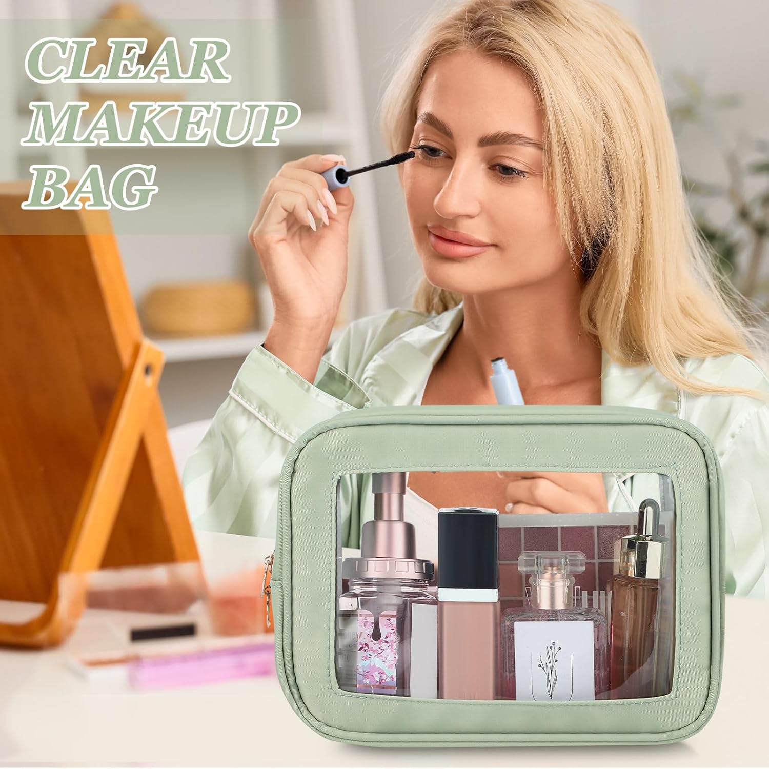 Abbylike 3 Pcs Clear Makeup Bags Car Cosmetic Bag with Zipper Nylon PVC Travel Toiletry Pouches Sets for Women New Years Gifts, Valentine's Day Wedding Gift for Her(Green) - Image 4