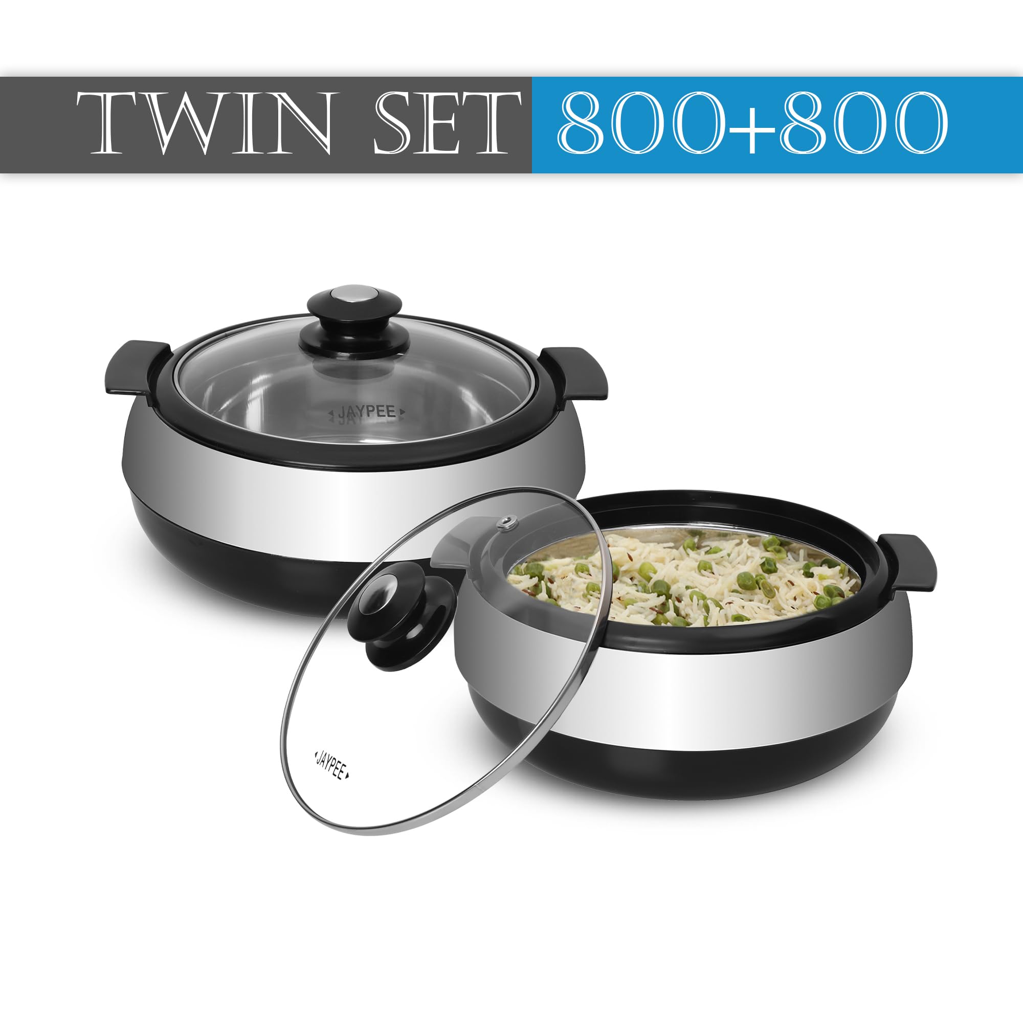 Jaypee Glasserol Serving Casserole Twin Set Inner Stainless Steel Toughened Glass Lid PUF Insulated Hot Box |Roti Box| Small Casserole | Easy to carry | Food Grade | Stackable,800 ml + 800 ml, Black - Image 5 thumbnail