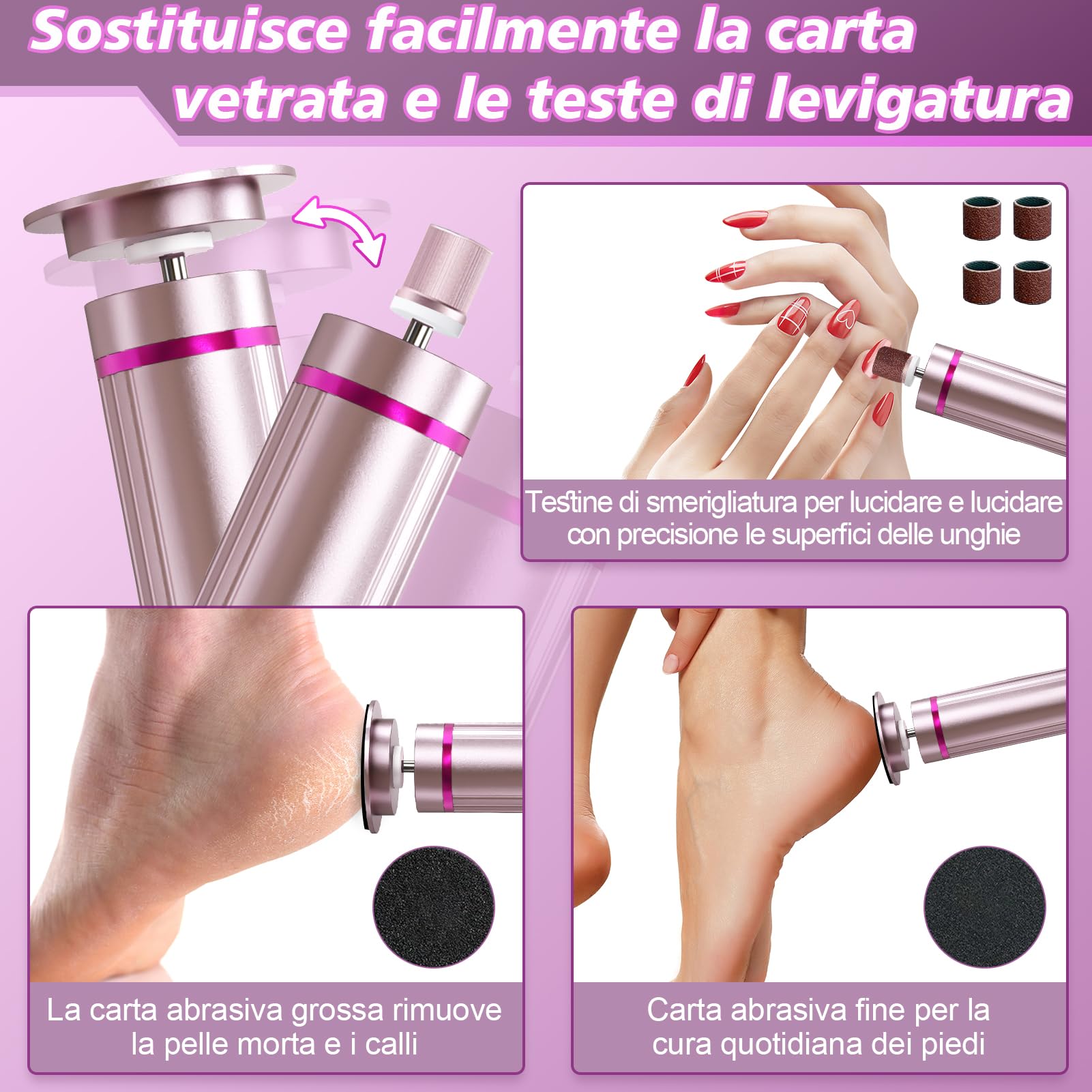2 in 1 Pedicure Elettrico Professionale Pied,9 Velocità Rimuovi Calli Piedi Elettrica con Display LCD, Dischetti Sostituibili, Lima per Piedi Talloni Cura Piedi e Unghie,Rosa