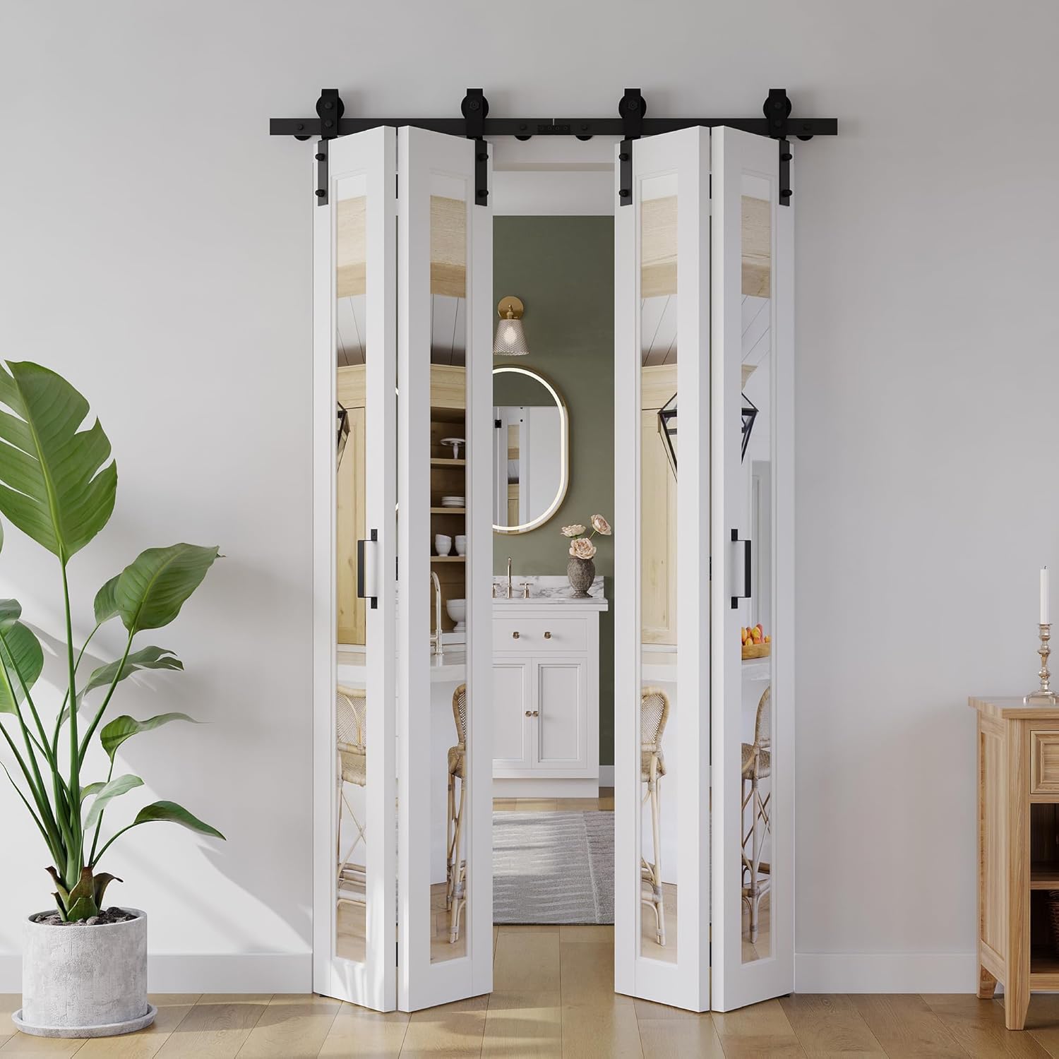 bifold barn door 56"?14" x4? x 84", 1 lites mirror panel with sliding hardware kit set, pre-drilled closet door slab, 64" track for 4 doors, mdf, white,easy installation 56" x 84"door+5.33 ft track kit white