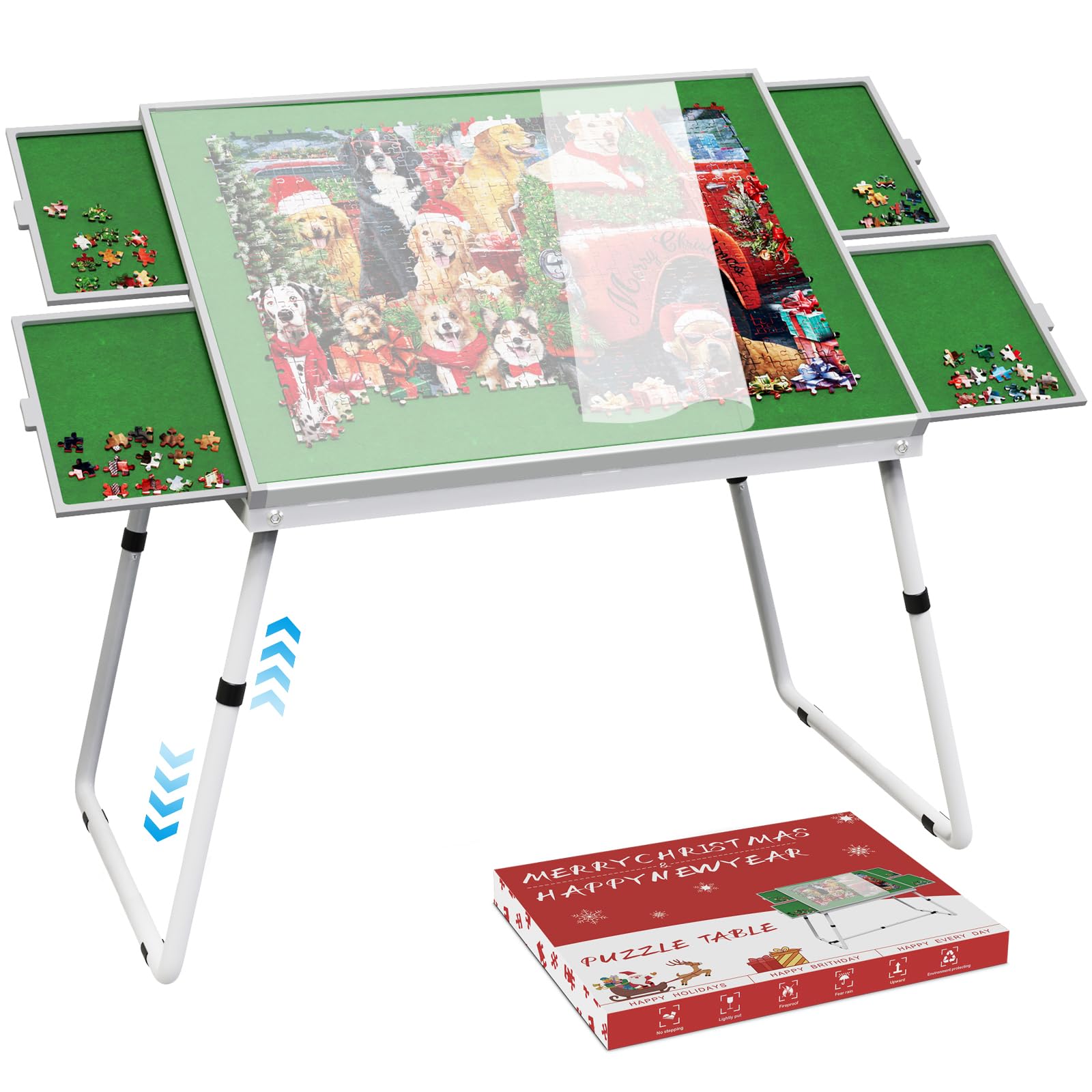 Jigsaw Puzzle Table Adjustable Height-18,28inch,3 in 1 Design 35"×26" Metal Puzzle Table with Legs Aluminium for Adluts and Kids,Foldable with Drawers,Felt,and Cover