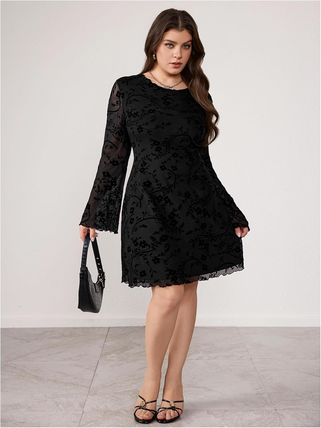 Women's Y2k Plus Size Floral Gothic Dresses Grunge Mesh Bell Long Sleeve A Line Going Out Dress - Image 3