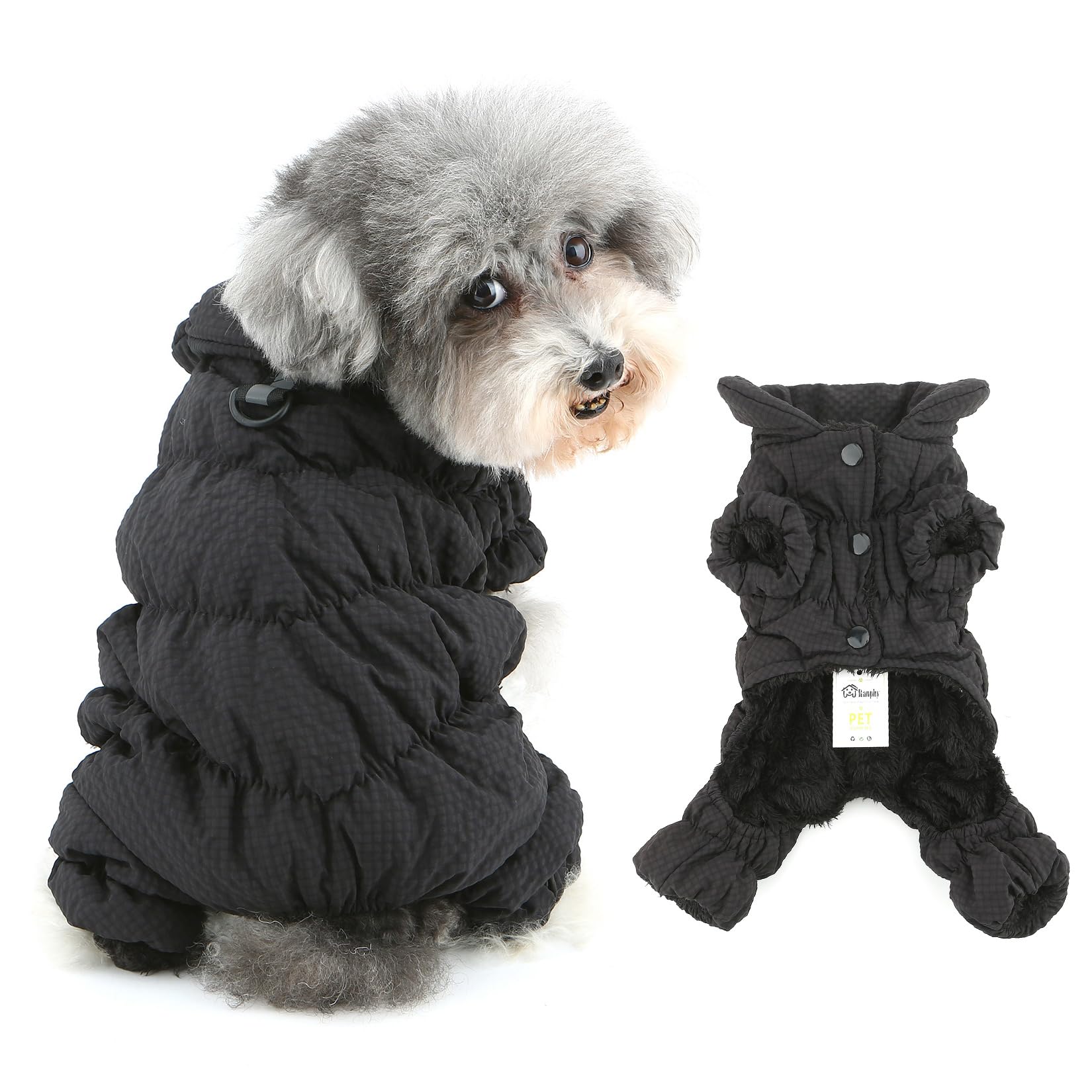 Ranphy Waterproof Plaid Winter Coat Jumpsuit for Small Dog Padded Fleece Lined Puppy Snow Jacket Full Cover Snowsuit with Legs Yorkie Chihuahua Cold Weather Clothes Leash Ring Cat Clothing,Black,XXL