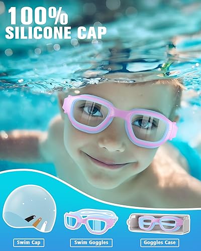 Miniatura 7 de Kids Swim Goggles with Silicone Swim Cap, Swimming Goggles Cap Set for Kids 6-14, Anti-Fog Anti-UV for Boys Girls