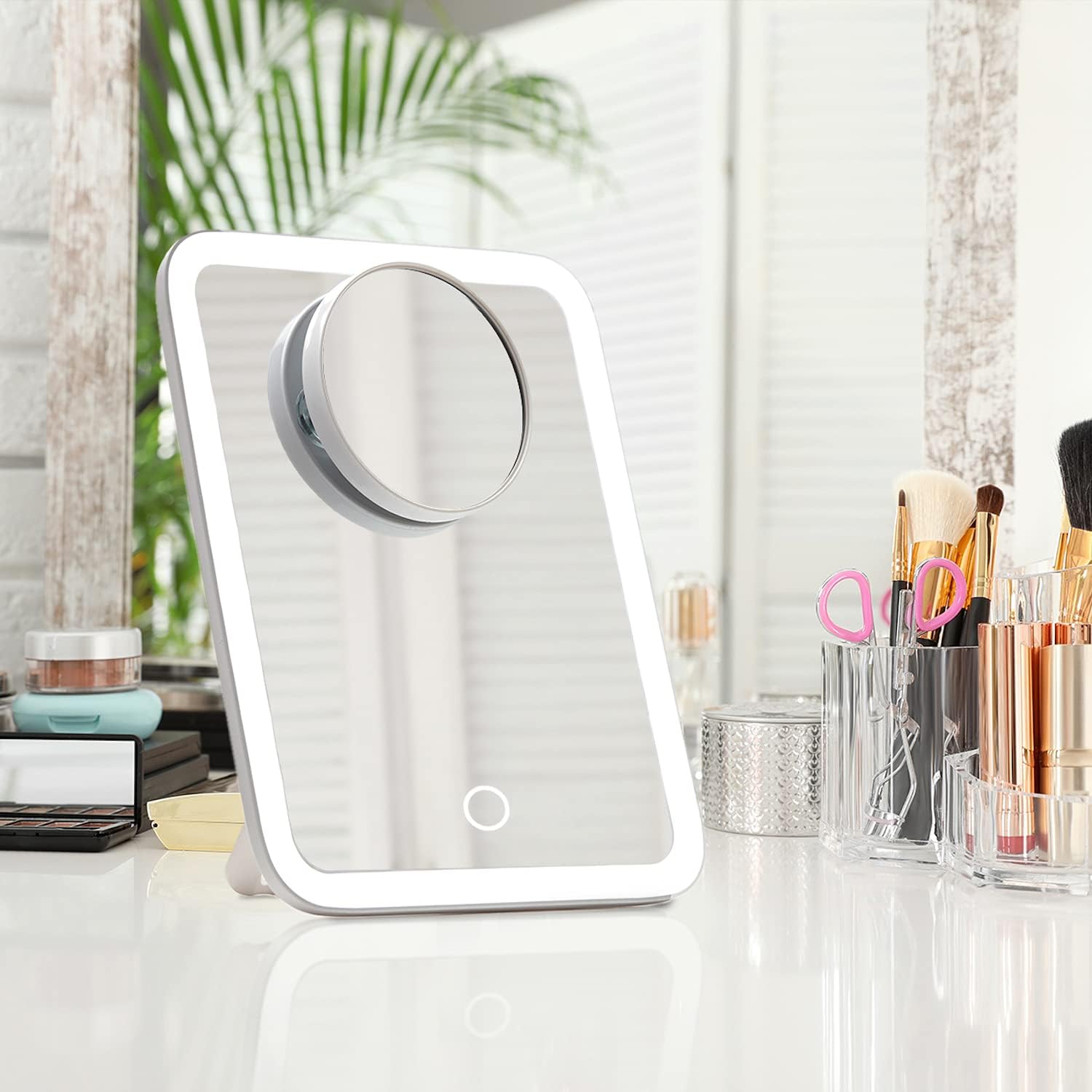 Fancii Rechargeable LED Travel Makeup Mirror with 3 Color Settings - Detachable 10x Magnifying Mirror, Dimmable Touch Light, Adjustable Kickstand, Lighted Portable Vanity Mirror (Aura Go 2)