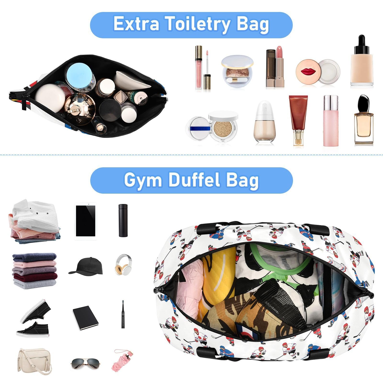 Sac de voyage imperméable pour articles personnels de hockey sur glace et bagage avec trousse de toilette pour voyage en avion