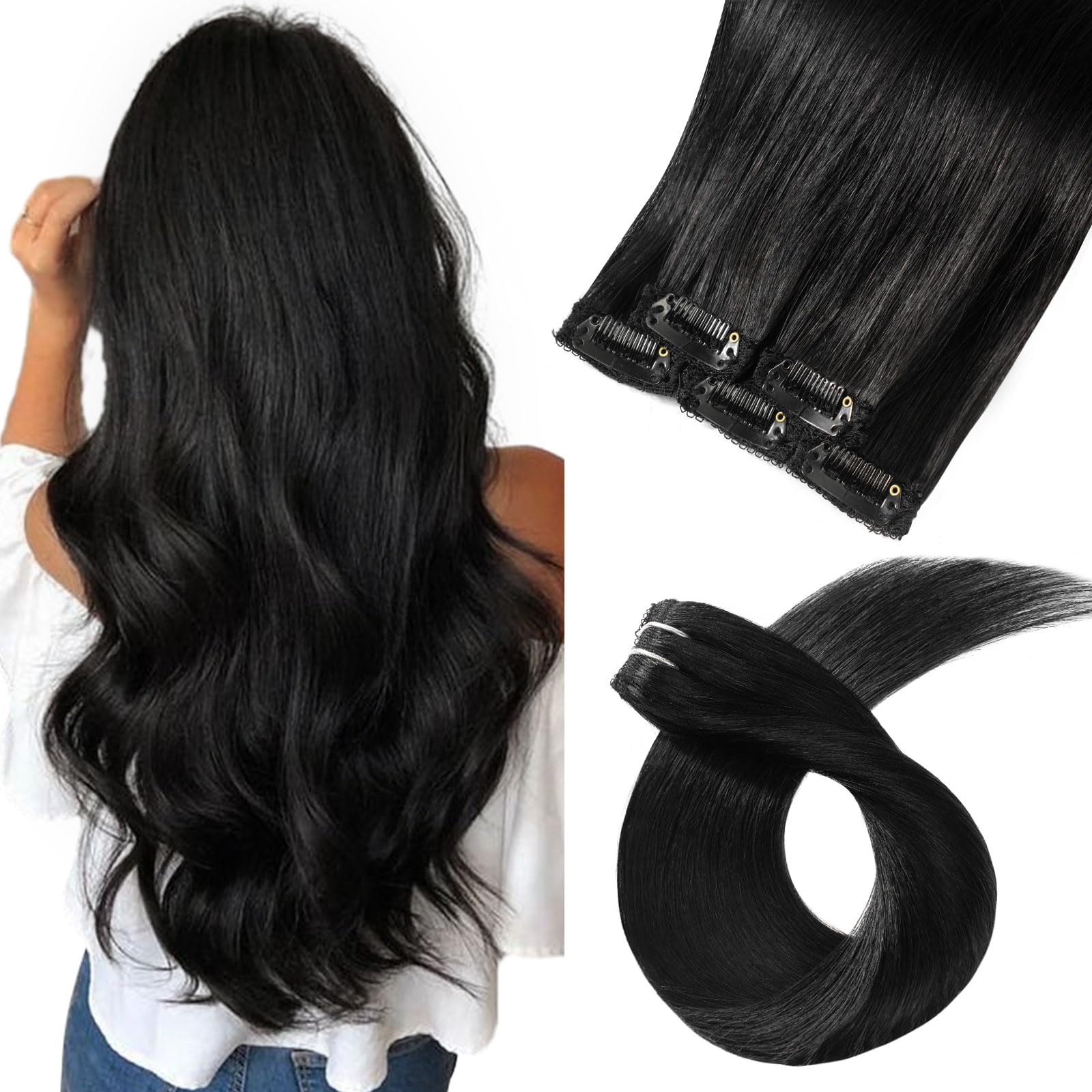 Clip in Hair Extensions Human Remy 16 Inch Black Seamless Soft Natural Tape in Remy Human Hair Extension, Natural Black #1B  main image 2