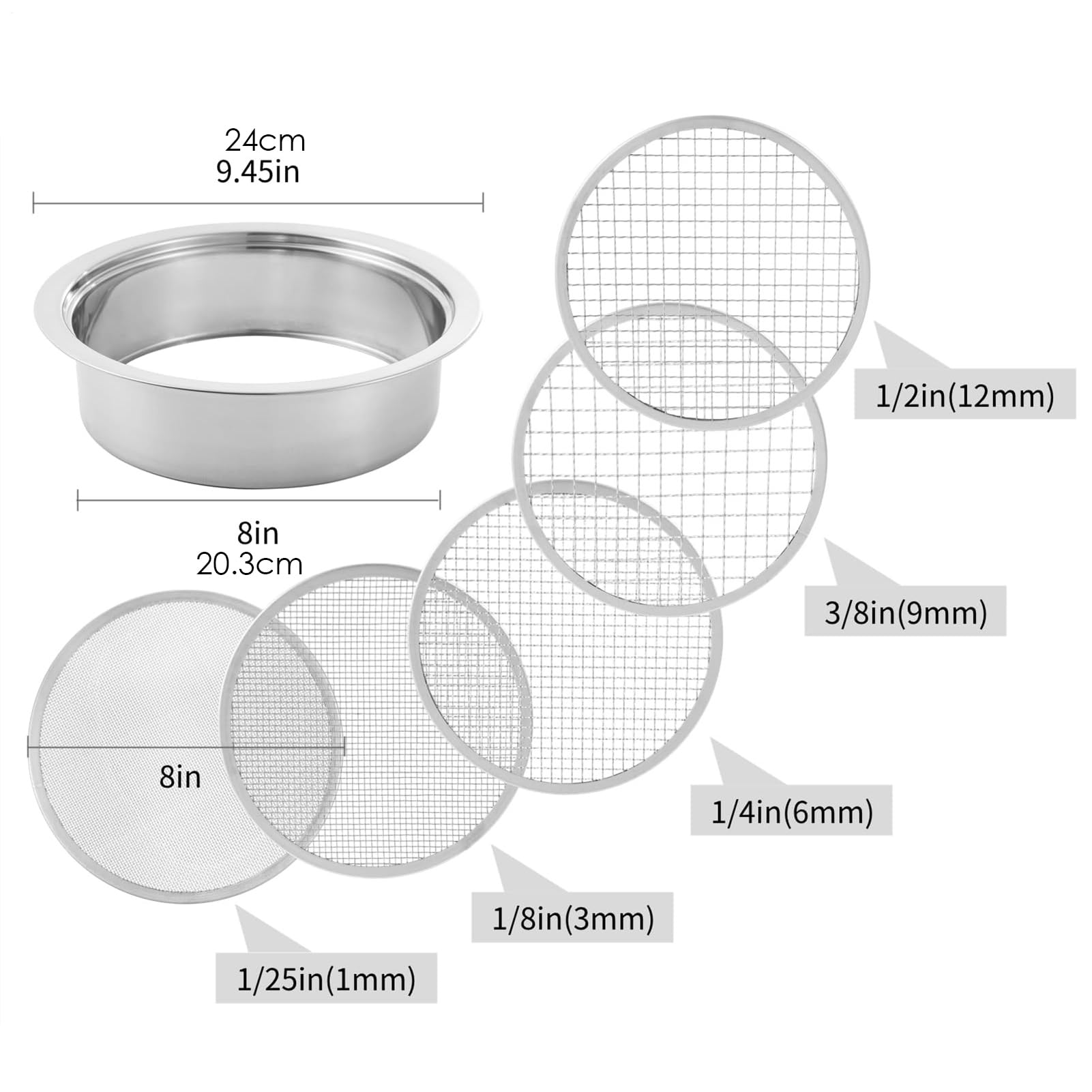 Sifter Dirt, Sifter Rock Sito gleby z piaskiem ze stali nierdzewnej, 5 | 1/3/6/9/12 mm sito doniczki ogrodowe z łopatą, miską do przesiewania w stos
