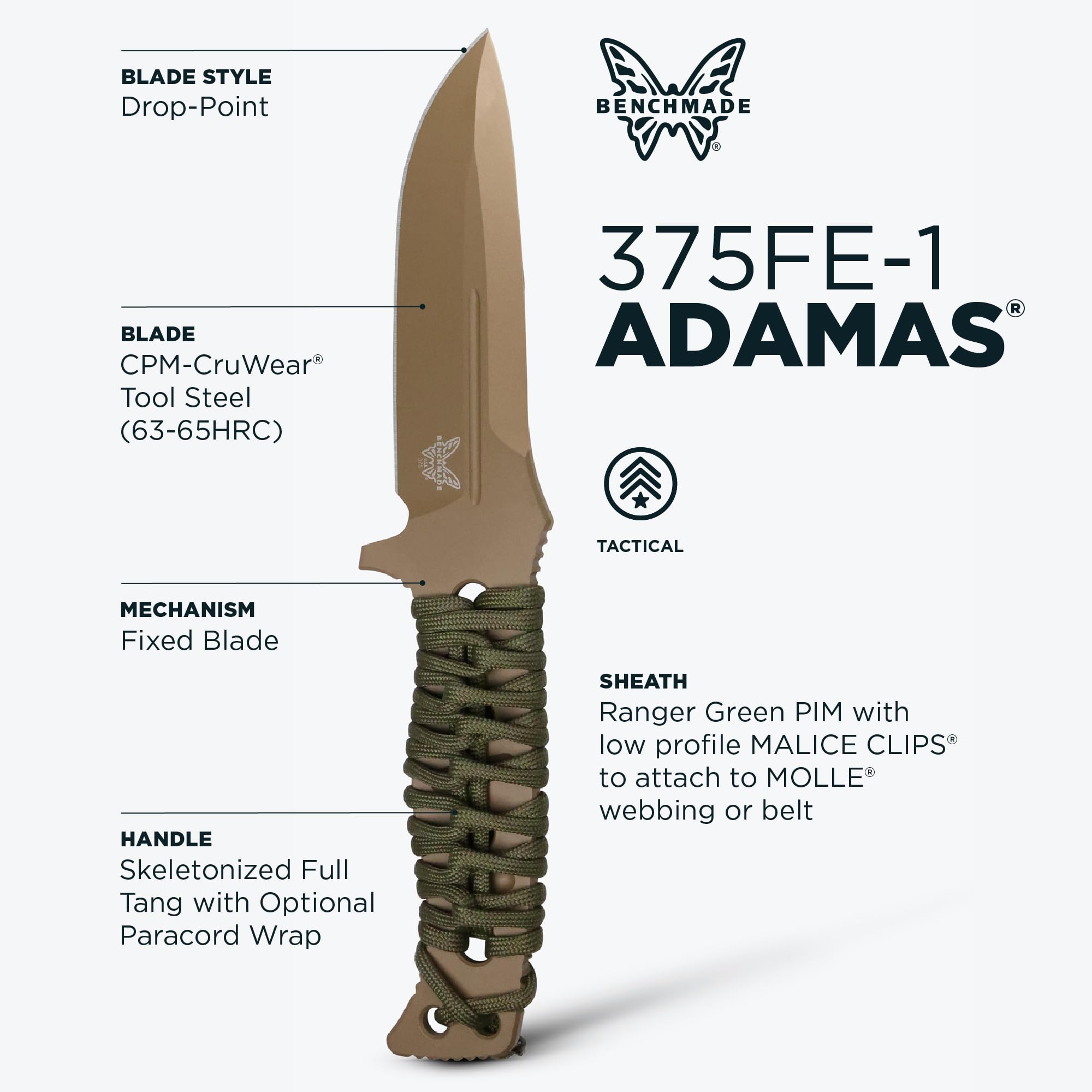 Benchmade 375FE-1 Fixed Adamas Knife, Drop Point Blade, Plain Edge 