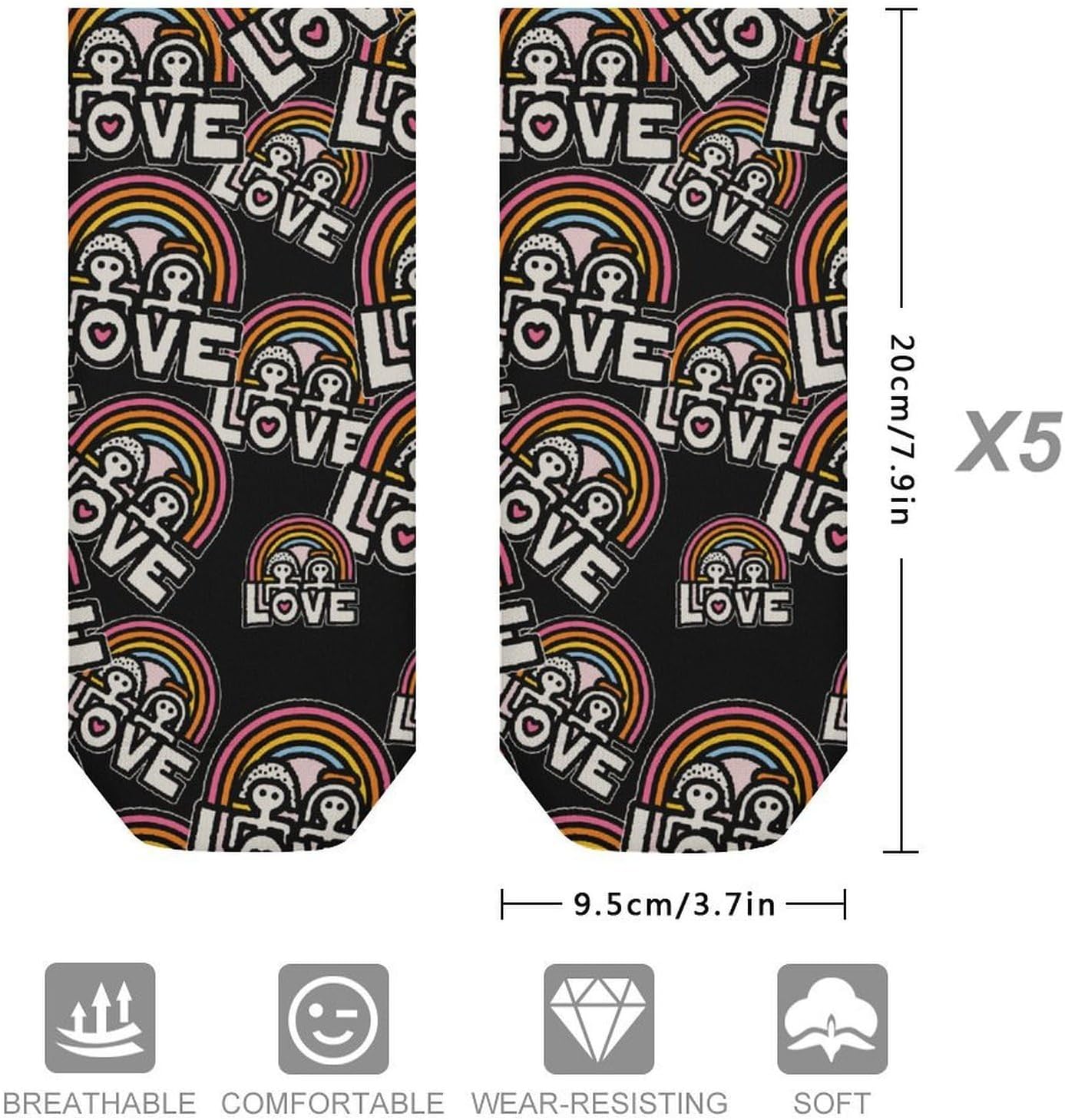 Lesbian Love Rainbow No Show Ankle Socks Low Cut Non Slip Flat Boat Line 5 Pairs Set