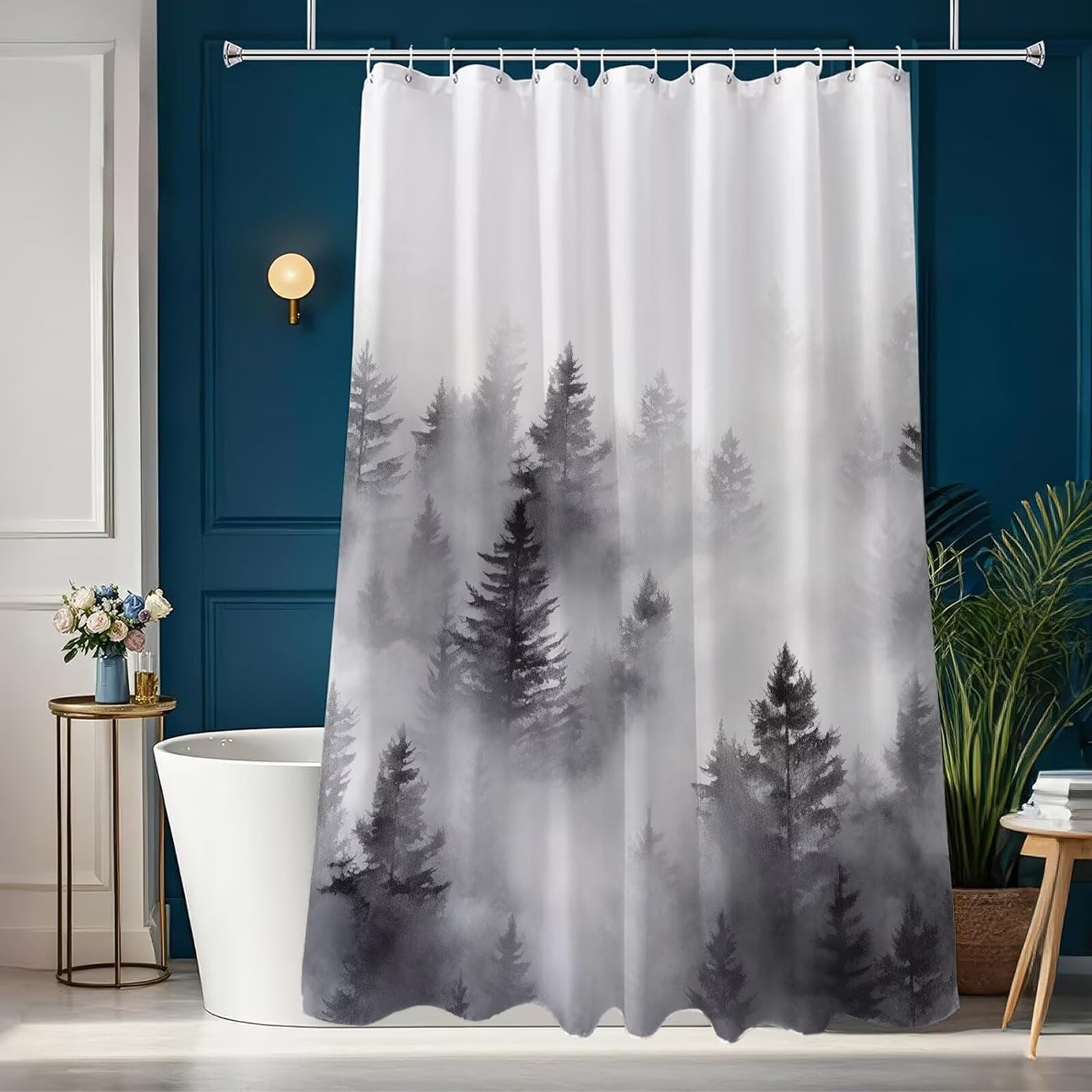 Rideau de Douche Anti Moisissure et Imperméable, Polyester Shower Curtain Peinture à l'encre Lavable avec Ourlet Inférieur Lesté, Rideaux Douche Japon avec Œillets et 12 Crochets, 240x200 cm J8-589