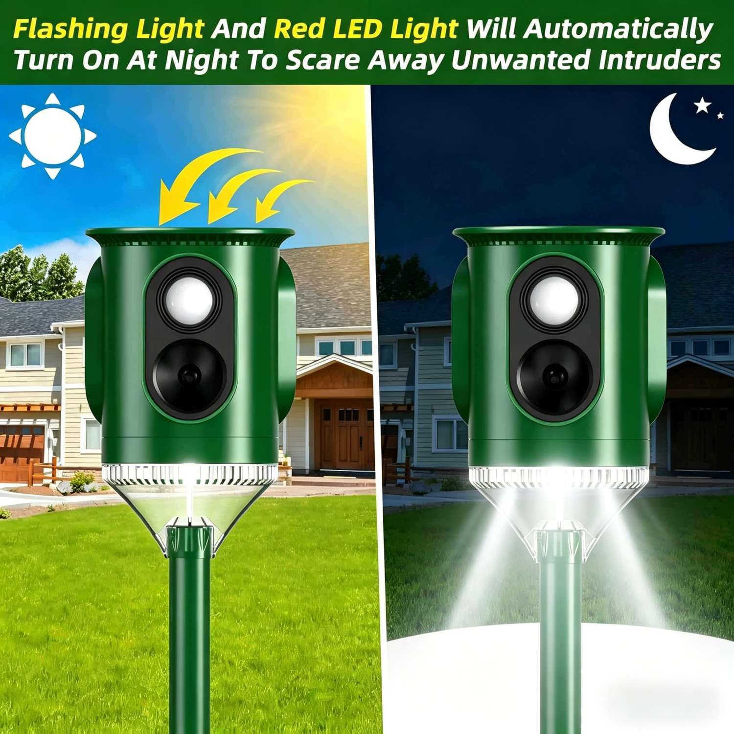 2X Repelente Solar ultrasónico 360° con luz Intermitente,Activado por Movimiento,Impermeable para jardín contra Gatos,Perros,Ardillas,mapaches,mofetas,Conejos y Coyotes