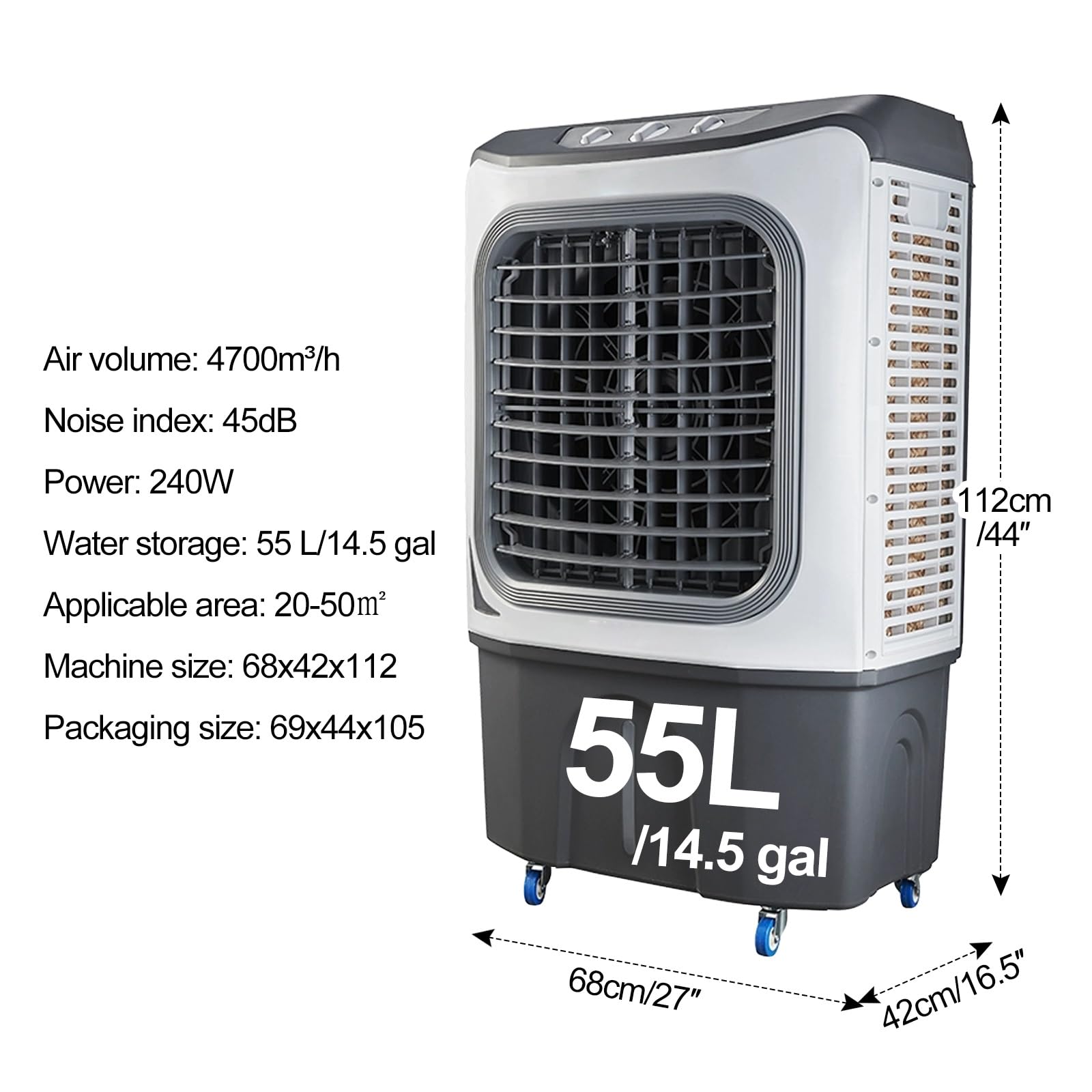 Ventilateur de Refroidissement d'air par évaporation Commercial, Refroidisseur de Marais 3 en 1 avec réservoir d'eau de 30 L, Ventilateur de Refroidissement Portable à 3 Vitesses, pour Usage