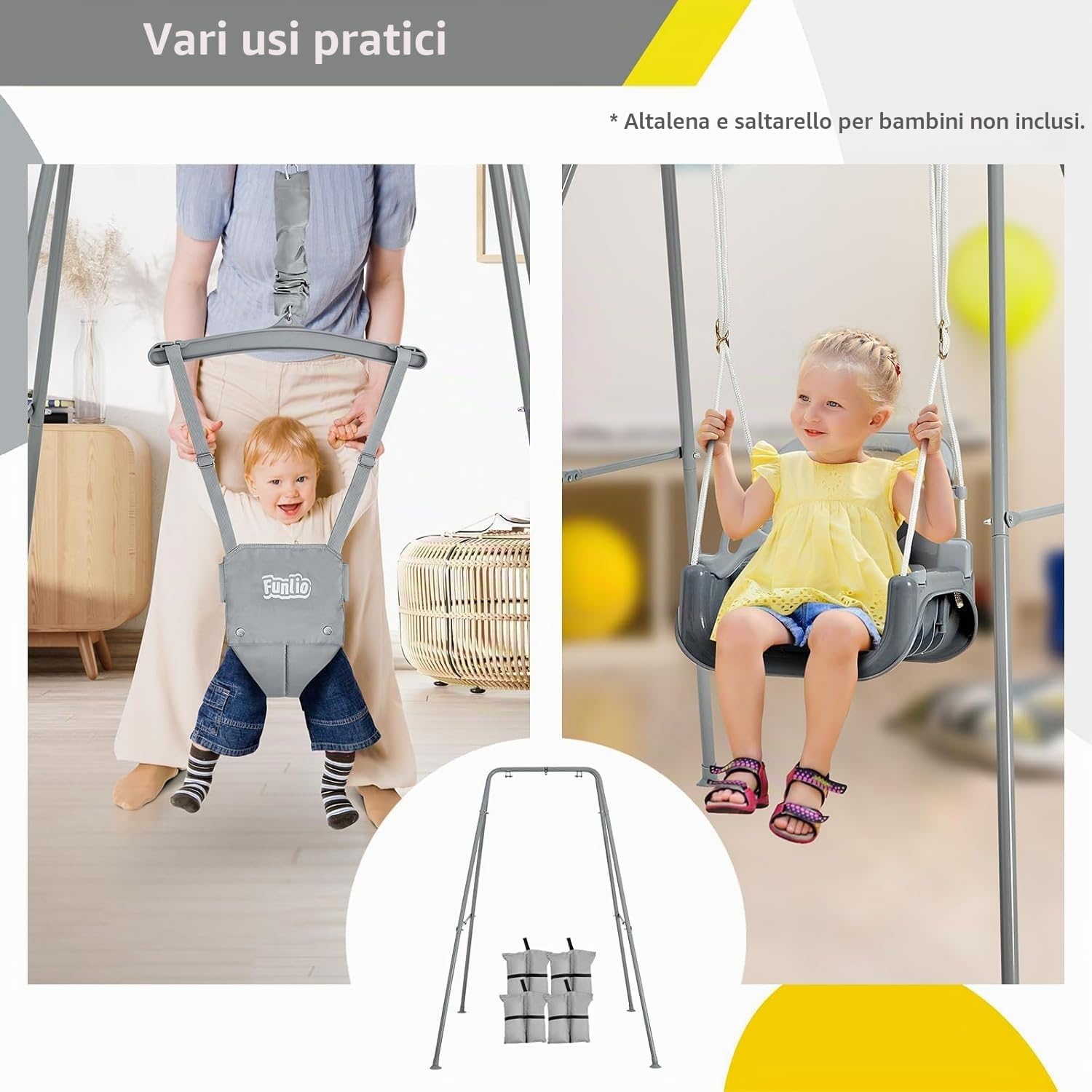 FUNLIO Altalena pieghevole per bambini con 4 sacchi di sabbia, struttura metallica resistente a forma di A per interni/esterni, adatta alla maggior parte dei saltelli/amache per bambini - grigio