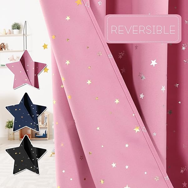 PrinceDeco Blackout Star Curtains for Kids Room Girls Reversible Use Twinkle Silver Stars Cute Drapes for Nursery Thick Soft Curtain Drapes Window Treatment 2 Panels(52 x 63 Inch, Pink)