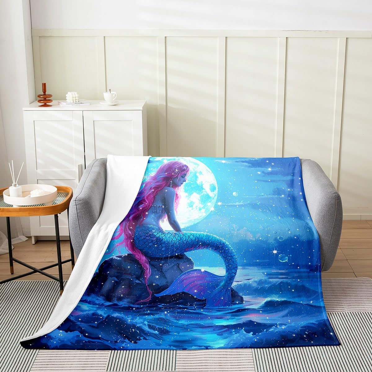 Mermaid Fleece Blanket,Fantasy Blue Starry Moon Sky Glitter Bed Blanket for Kids Teens,Dreamy Animal Ocean Waves Rock Flannel Blanket for Room Decor,Queen 90"x90"