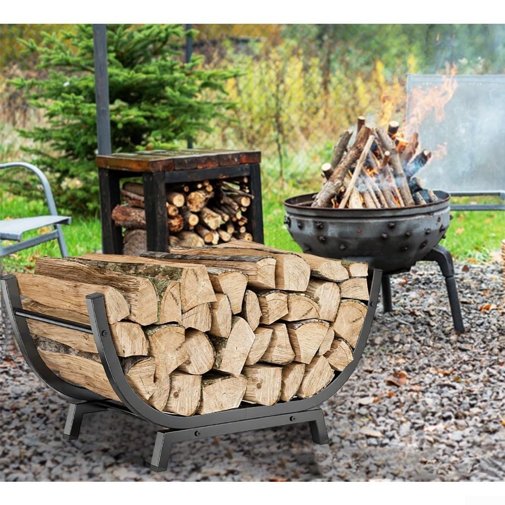 Leñero Metálico en Forma de U para Interior y Exterior, Estante de para almacenamiento Robusto de para acero Inoxidable Negro, para soporte Estable para Leña con Base Trapezoidal 77.5x33.5x43cm