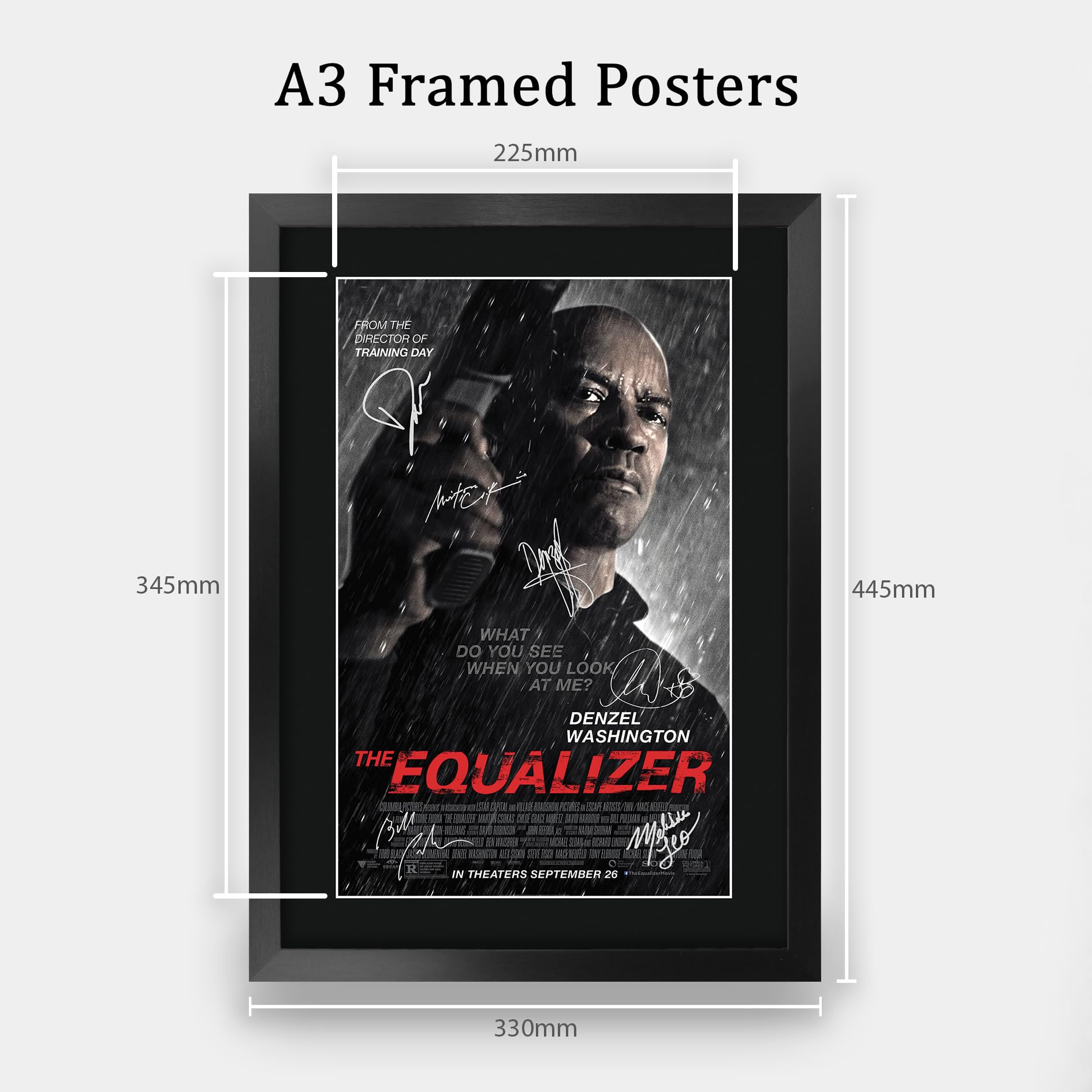 HWC Trading The Equalizer 1 Denzel Washington Geschenke Geduckter Poster Signiertes Autogramm Foto für Fans von Film Memorabilien - A3 Gerahmt