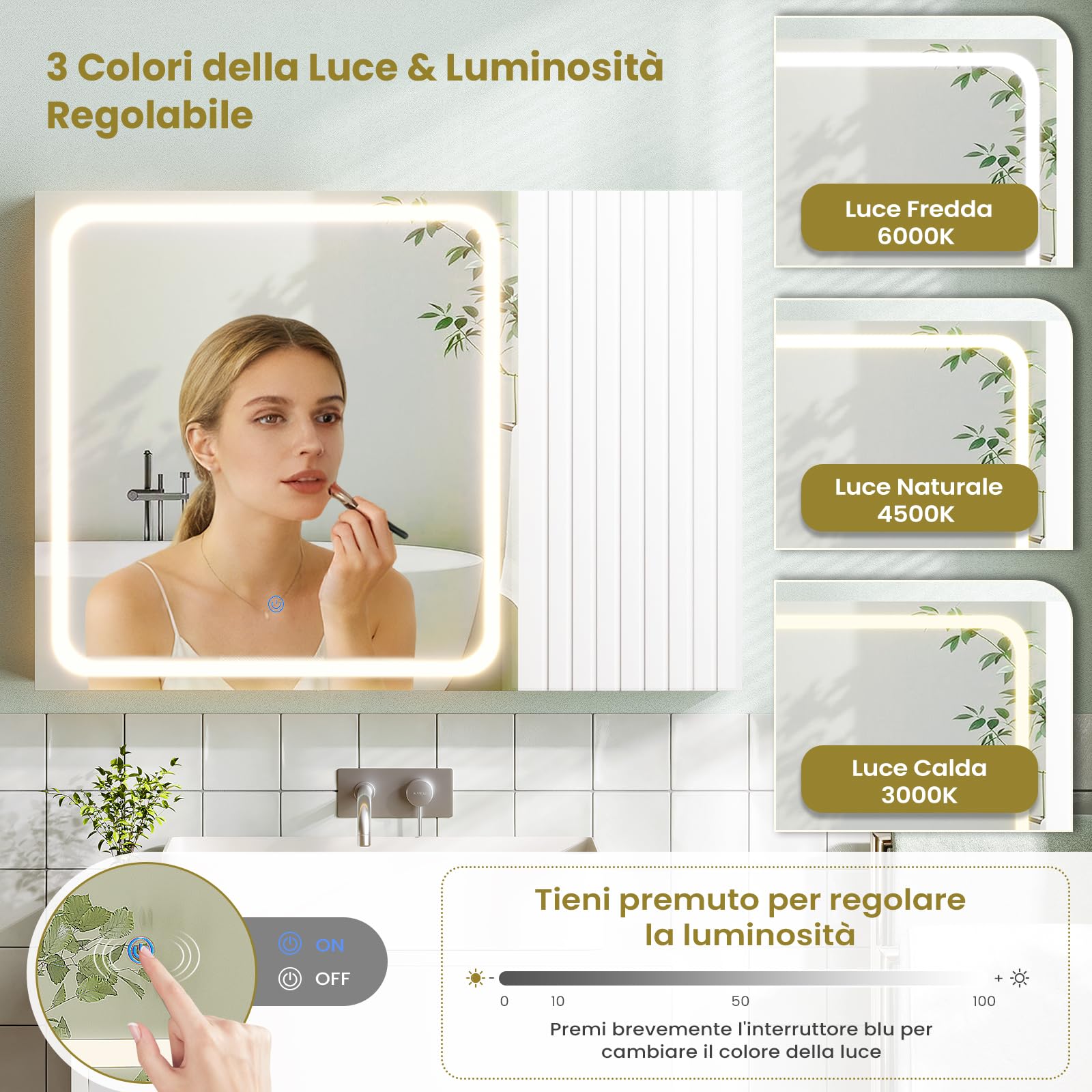 Specchio Bagno Contenitore 80x60x16cm con Luce LED, Specchiera Bagno con Scaffali Regolabili, Mobile Bagno Sospeso con Specchio ad Alta Definizione, Tre Tonalità Colore, Touch Control, Bianco