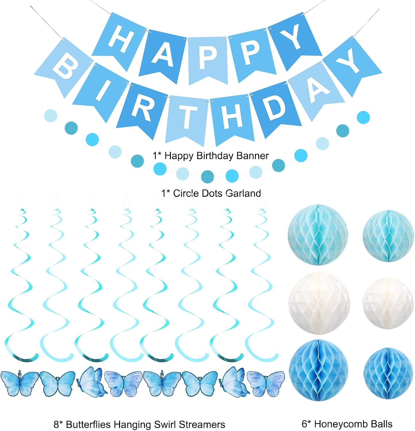 meowtastic Birthday Decorations, Butterfly Decor, No DIY, Pre-Strung | Blue butterfly birthday decor: pre-strung banner, honeycomb balls & swirls. No DIY, reusable for women, men & kids.