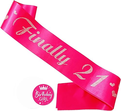 Banda de cumpleaños número 21, bandas suaves de satén rosa intenso con letra plateada con purpurina, decoraciones de cumpleaños para niñas,