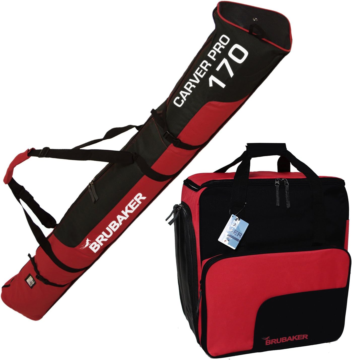 BRUBAKER "Superfunction Combo Ski Boot Bag and Ski Bag for 1 Pair of Ski up to 170 or 190 cm, Poles, Boots and Helmet - Black Red
