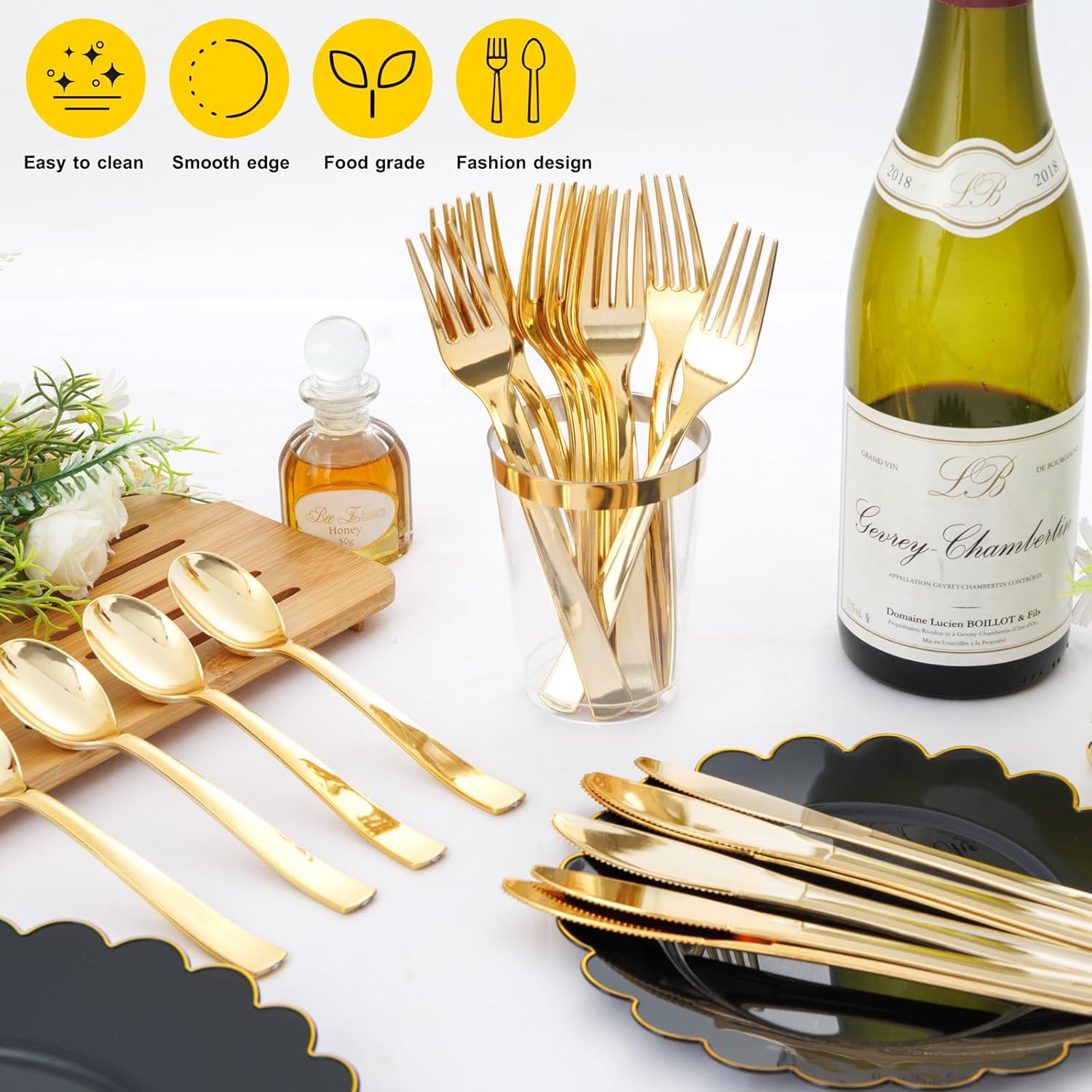 EI 360pcs Gold Plastic Silverware,Gold Silverware Disposable,Gold Forks and Spoons,Gold Plastic Cutlery include 120pcs Forks,120pcs Spoons and 120pcs Knives for Wedding,Afternoon Tea,Valentine's Day