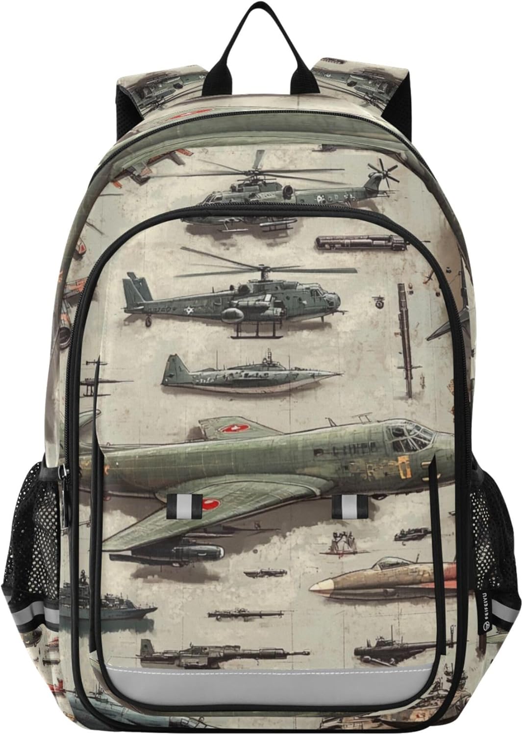 Green Planes Helicopters Tanks Backpack Lightweight Bookbag Laptop Backpack College School Bag for Teen Boys and Girls with Reflective Stripes