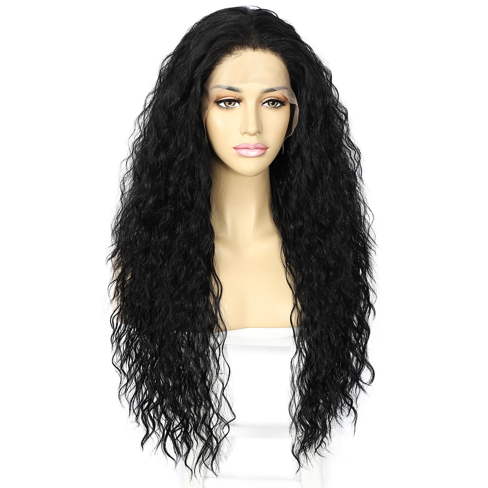 Sapphirewigs Parrucca sintetica riccia nera con pizzo frontale, parrucche ricce da donna, 33 x 2,5 cm, per uso quotidiano, feste, Halloween, resistente al calore, 61 cm