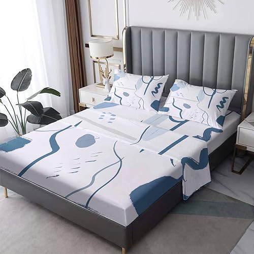 NOGAWA Juego de sábanas de arte tamaño Queen, sábanas abstractas, sábanas y fundas de almohada estampadas de 4 piezas, sábana bajera ajustable de