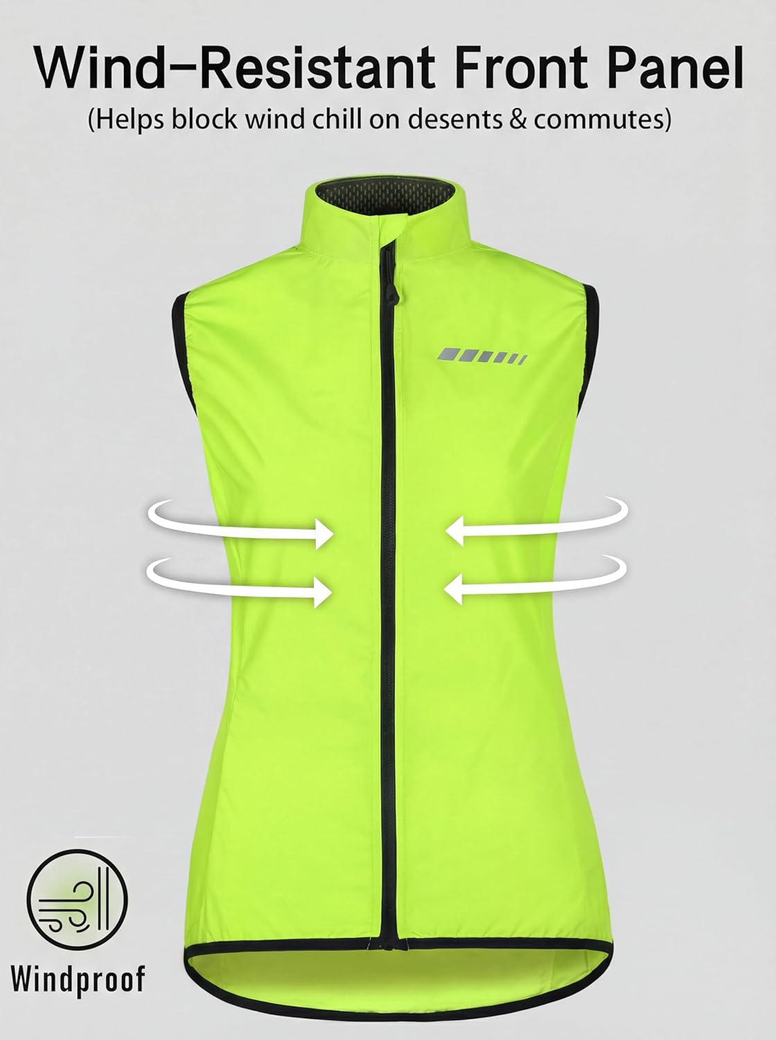 qualidyne Women's Windproof Cycling Vest, Lightweight Full-Zip Breathable Sleeveless Bike Jacket, 1 Back Pocket, Reflective - Image 3