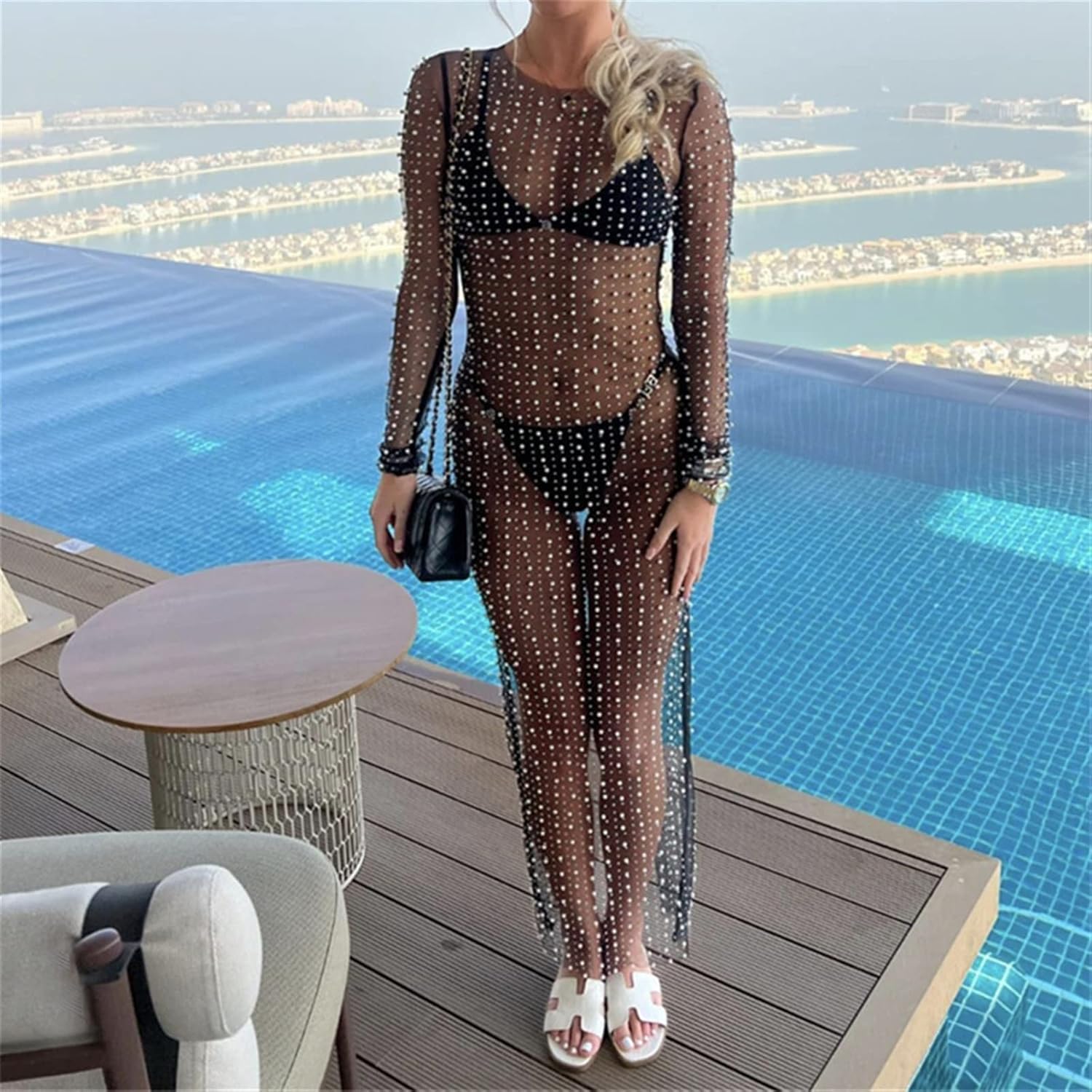 MCHDMI ビーチウェア, レディース ビキニ カバーアップ ドレス レディース 長袖 ドレス パール装飾付き シースルー メッシ