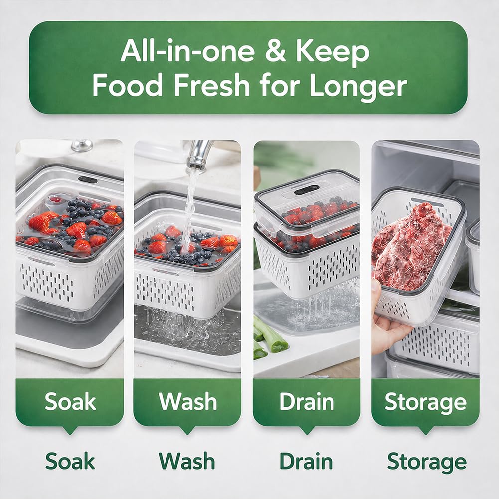 Contenitori per Frutta da Frigo, Set 3/4 Pezzi con Cestello Scolapasta Rimovibile, Ermetici e Impilabili, Ideali per Verdura, Bacche e Alimenti (4Pcs)