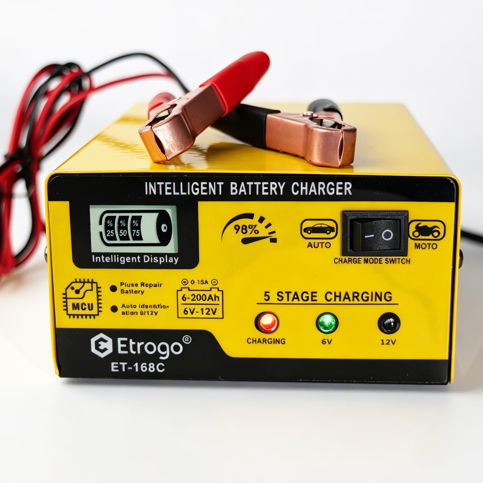 Etrogo Chargeur de Batterie 12V 6V 1A-15A Intelligent Entièrement Automatique Chargeur d'impulsions avec écran à Barre LED pour Voiture Moto