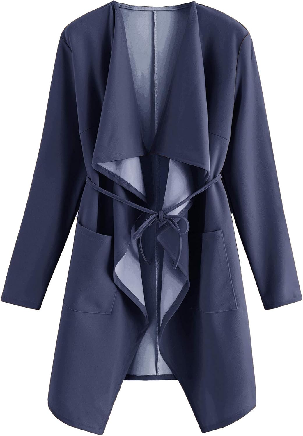 Romwe Women's Raw Cut Hem Waterfall Collar Long Sleeve Wrap Trench Pea