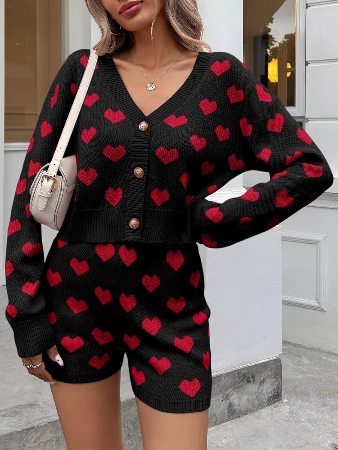 Mxiqqpltky 2 Piece Sweater Sets for Women Y2K Heart Button Down Long Sleeve Cropped Knit Top + Shorts Valentine's Day Outfits - Image 4